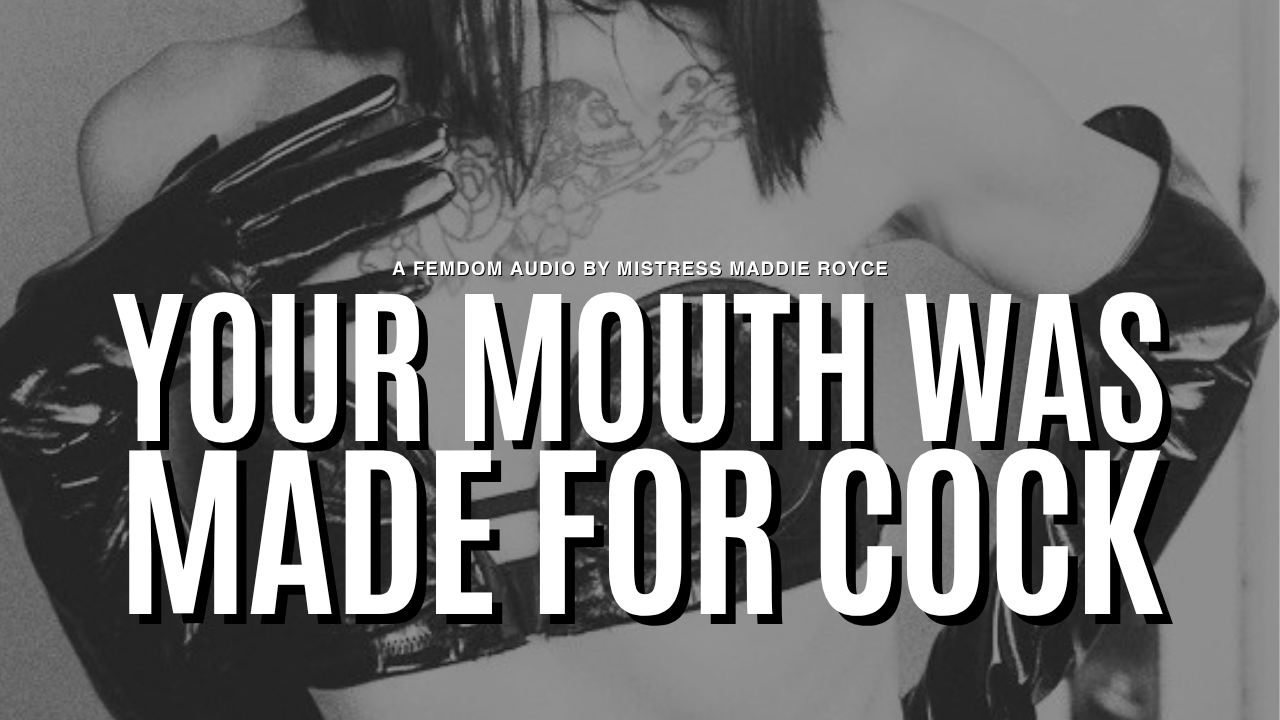 Bisexual encouragement and cock worship femdom audio cover art by Chicago Dominatrix Mistress Maddie Royce