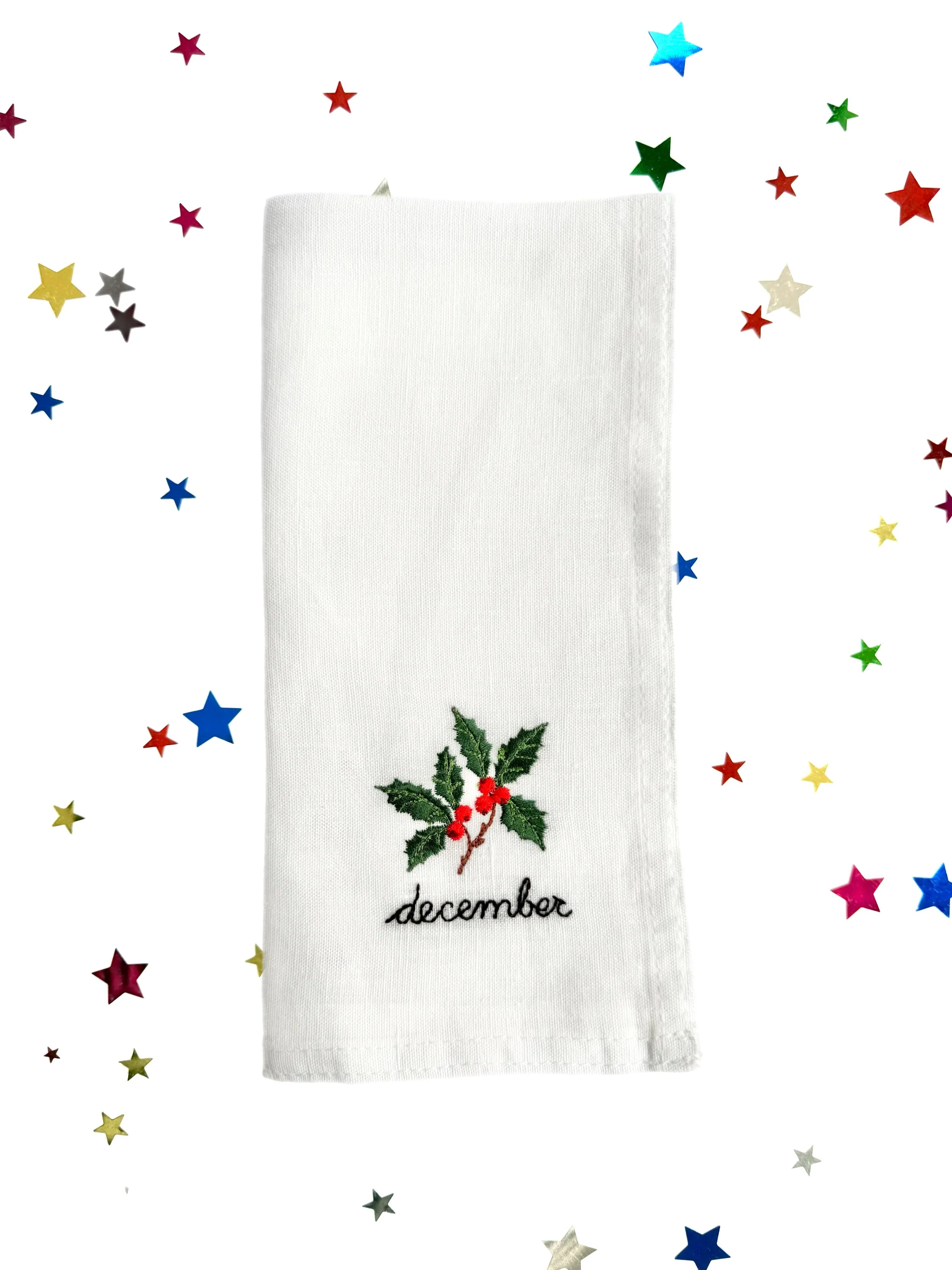 CHRISTMAS HOLLY EMBROIDERED LINEN NAPKIN