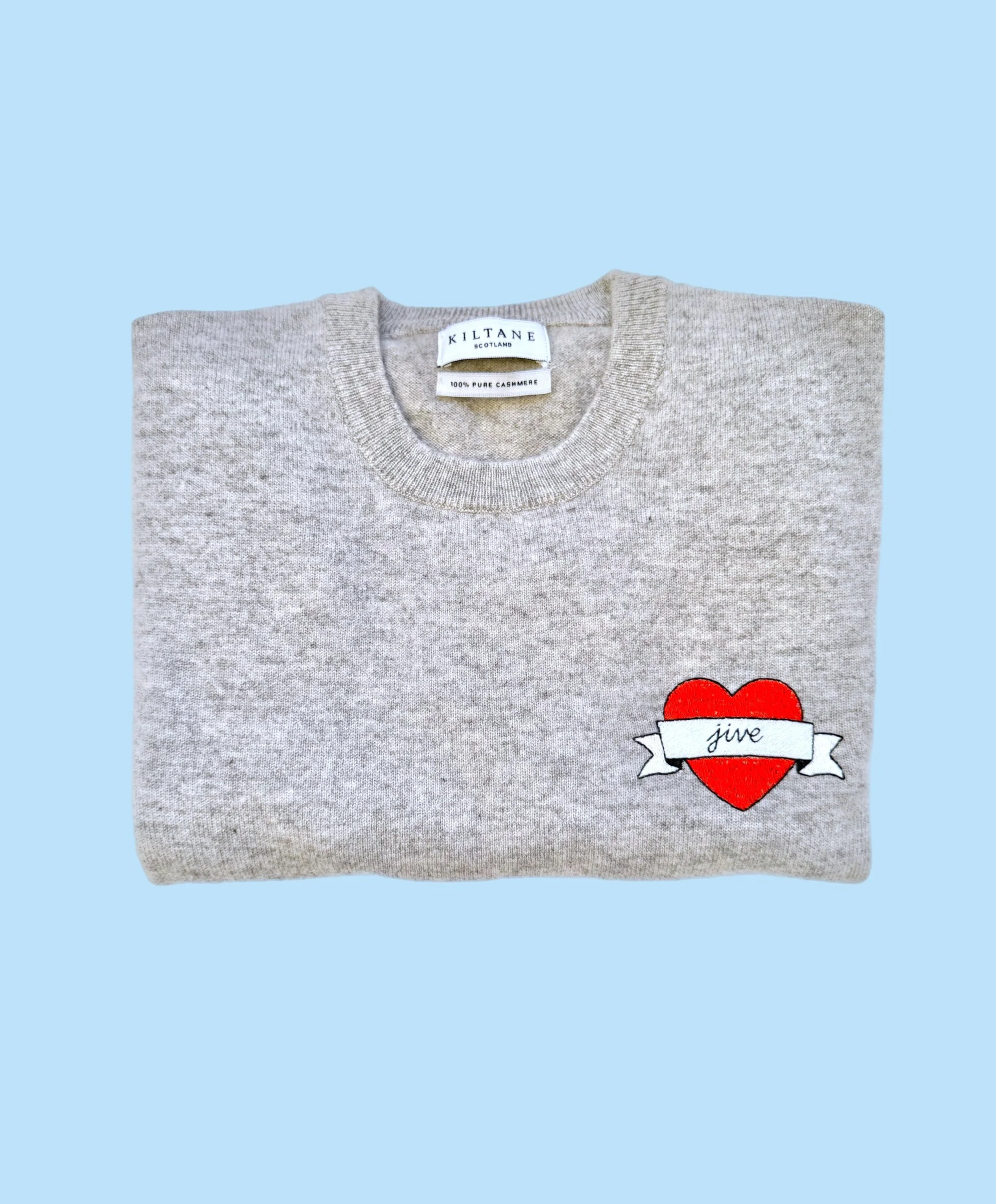 GREY CASHMERE CREW NECK RIBBON LOVE HEART JUMPER
