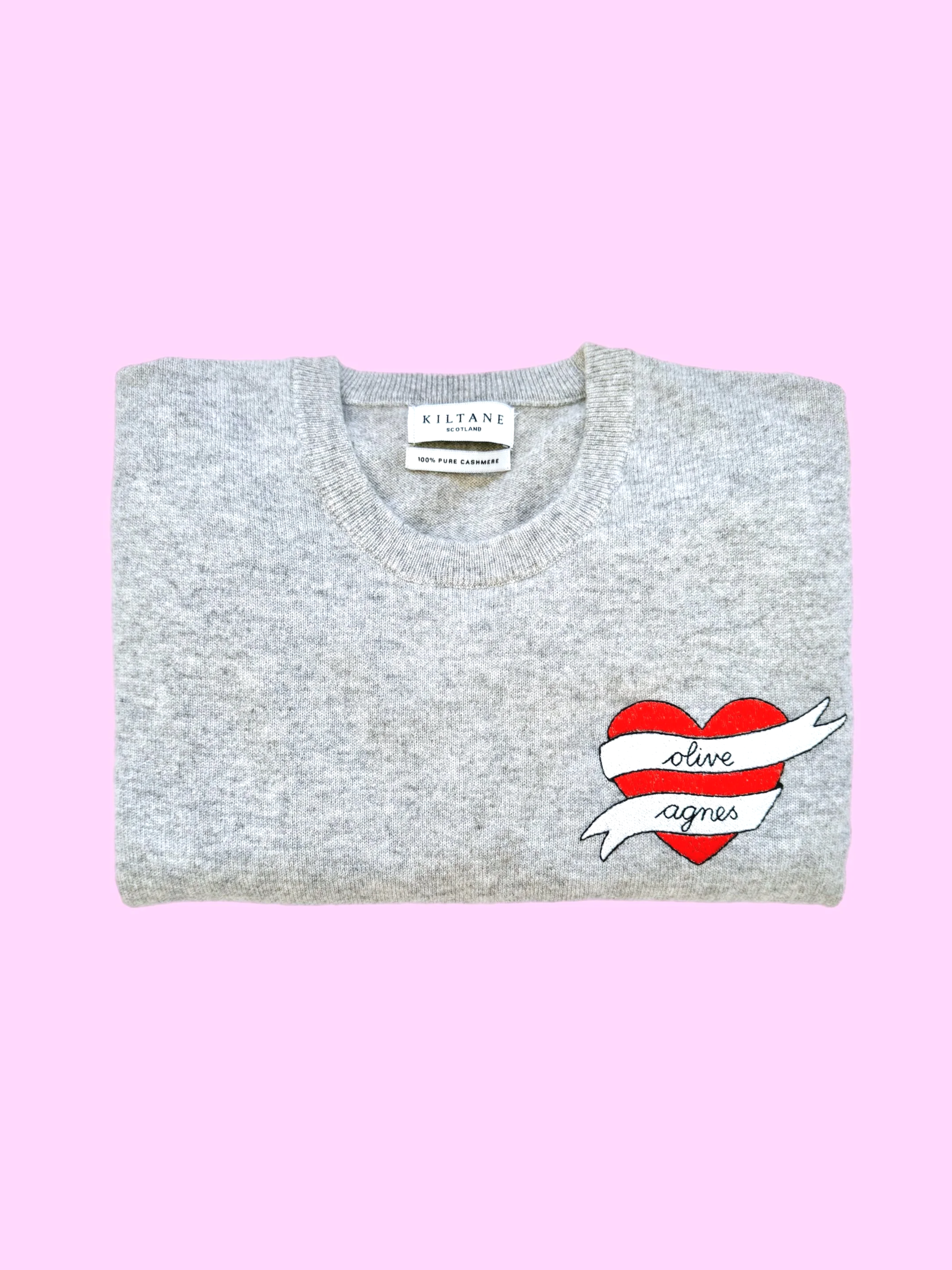 GREY CASHMERE CREW NECK DOUBLE RIBBON LOVE HEART JUMPER