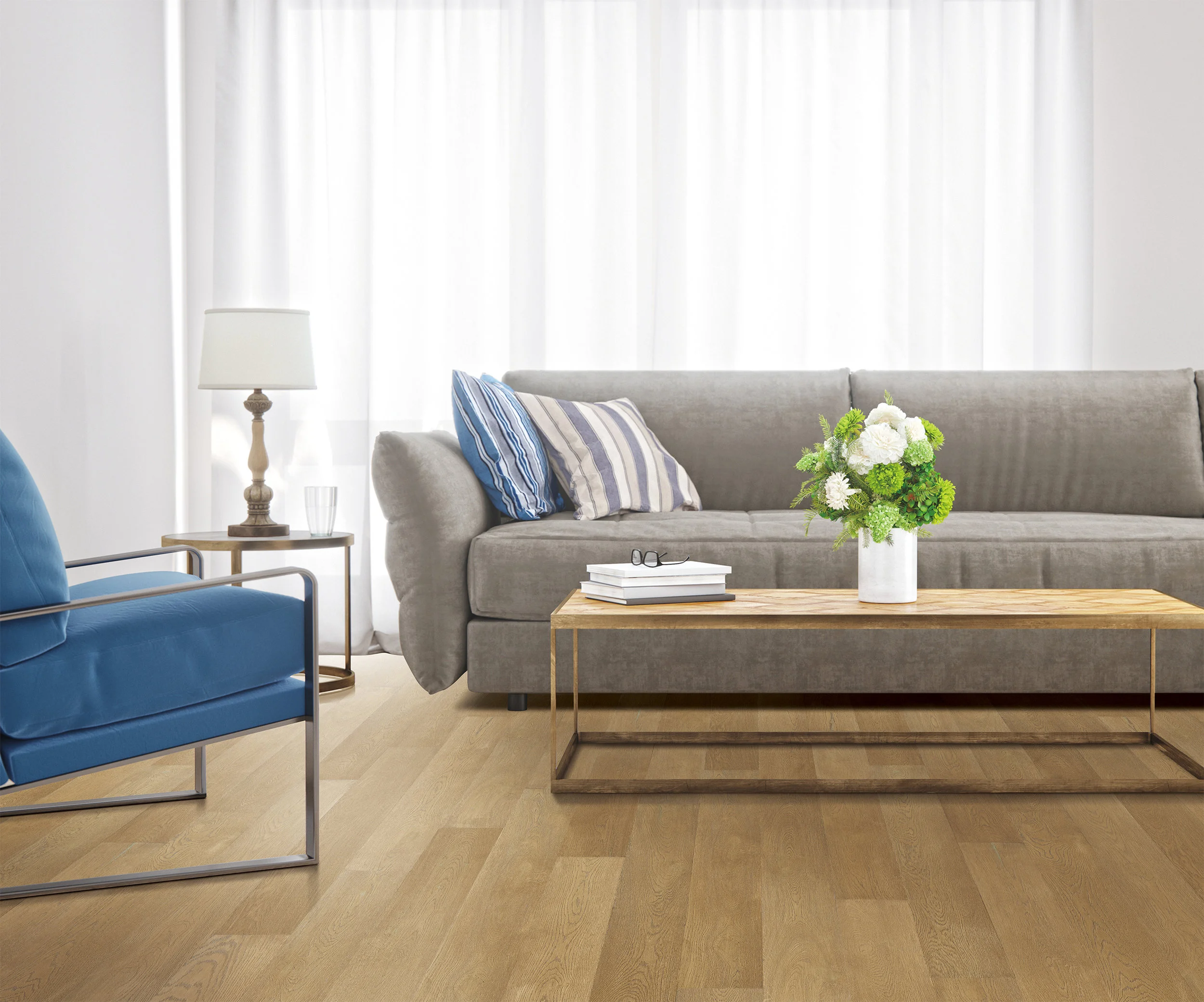 Flooring Species: White Oak Color Name: TRAVIS Item Number: TRAVERB6 • 6-1/2” wide x 48” long planks 5.33mm gauge plus 1mm attached underlayment • 1.3mm sliced-face genuine hardwood on SPC core • Nine layer Jet Coat finish with aluminum oxide • 2G angle/angle locking system Install below, on and above
