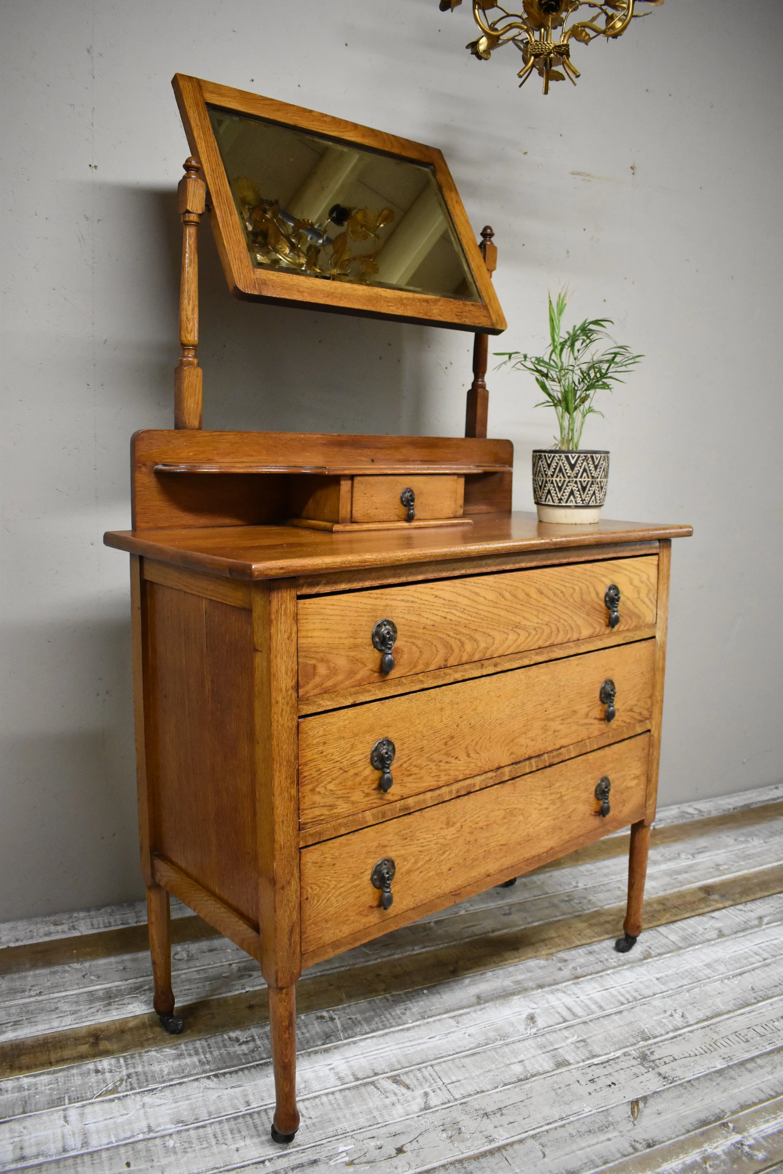 Arts & Crafts Oak Chest of Drawers Table Top Vanity Mirror