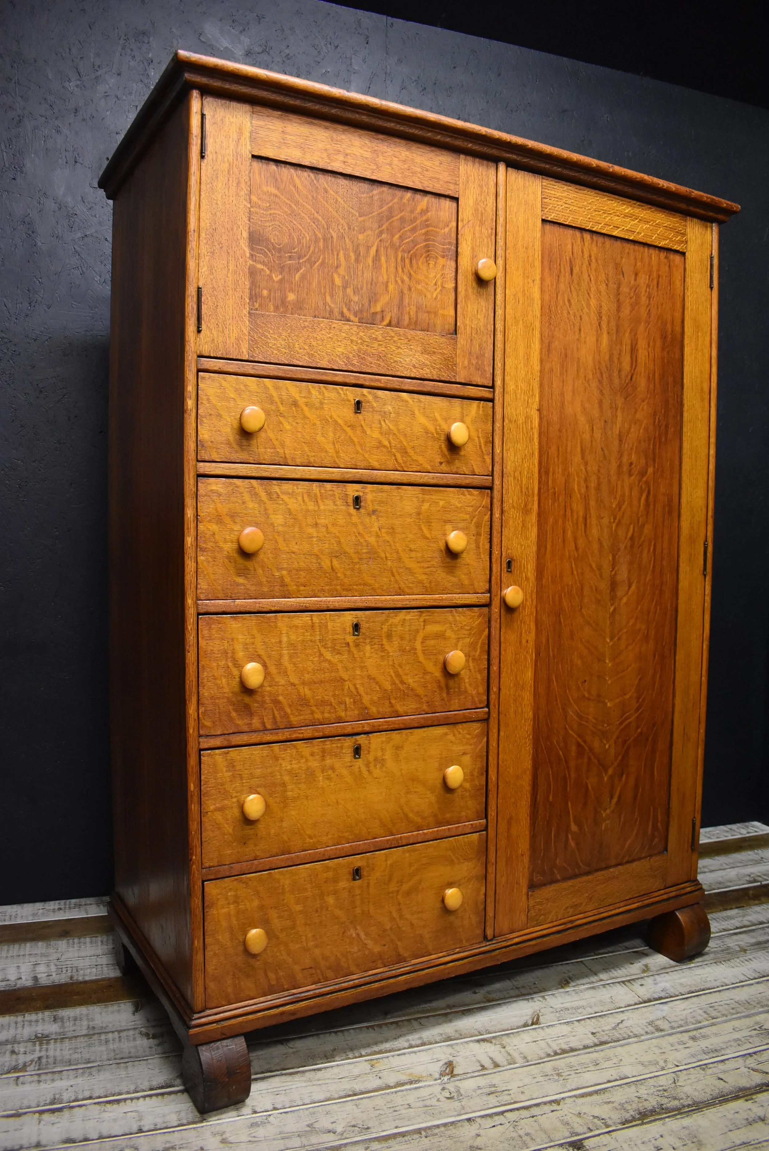Antique Art Deco Oak Tallboy Cupboard Compactum Wardrobe