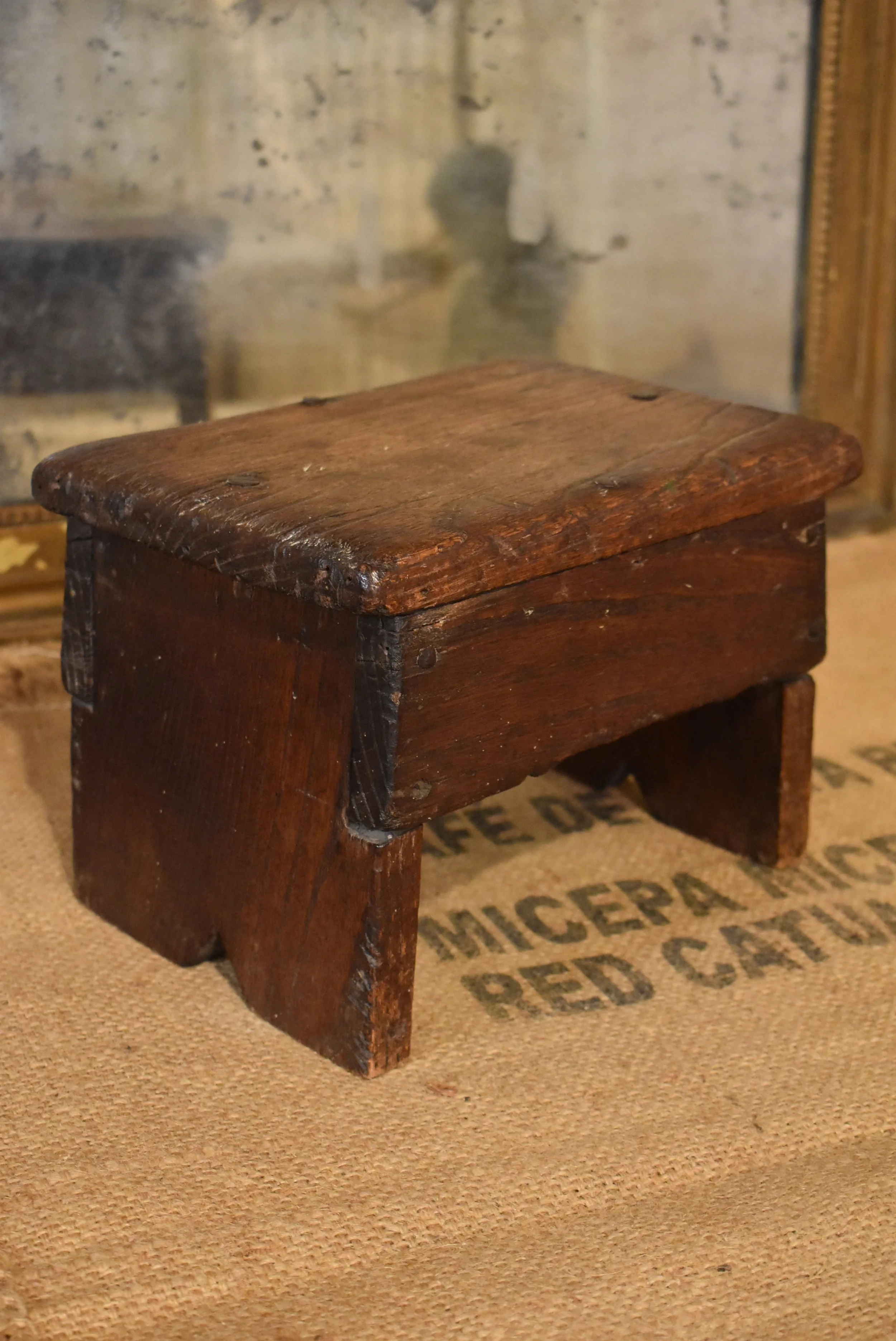 Small 18th Century Primitive Elm Plank Stool