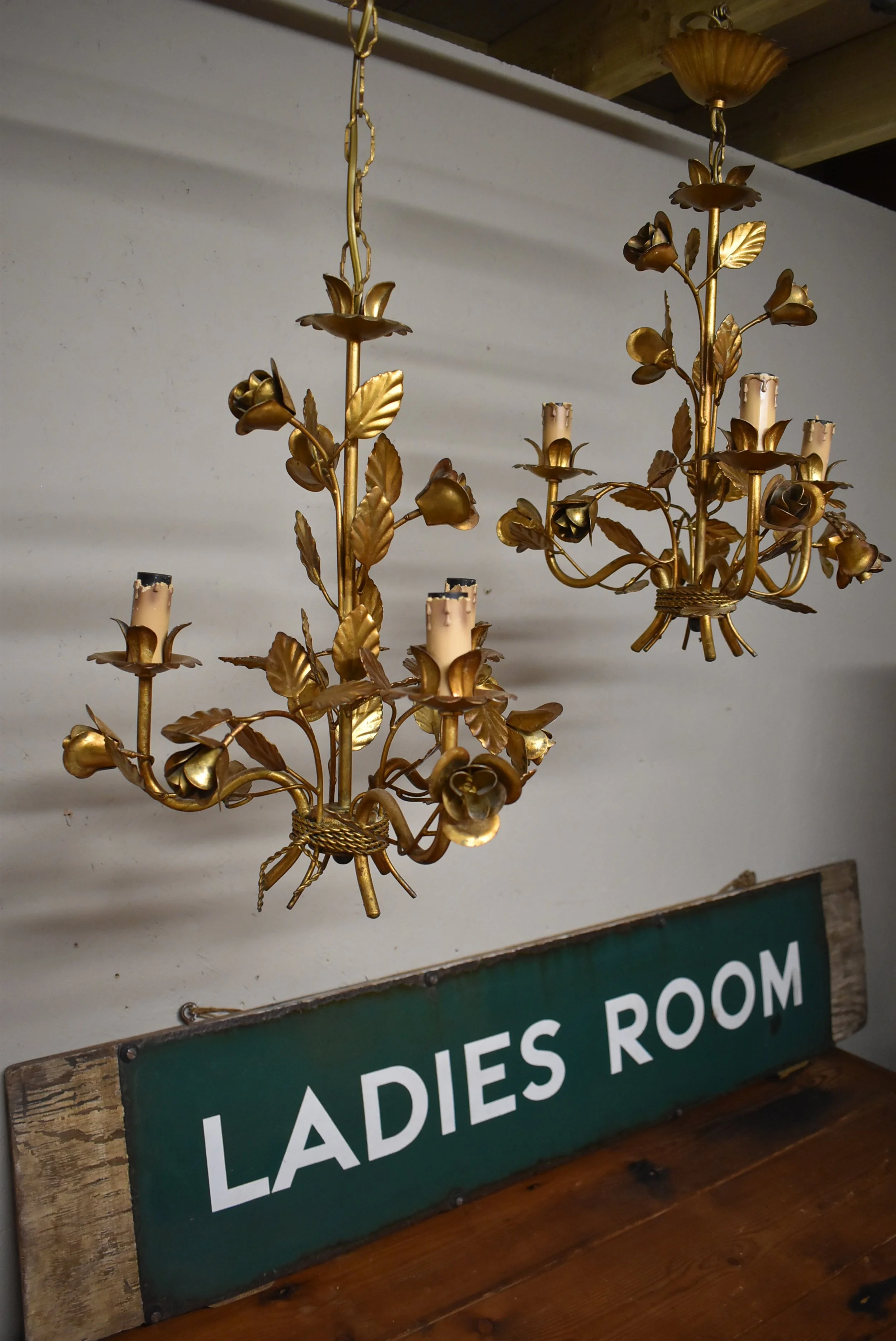Pair of Vintage Italian Gilt Branch Light Chandeliers