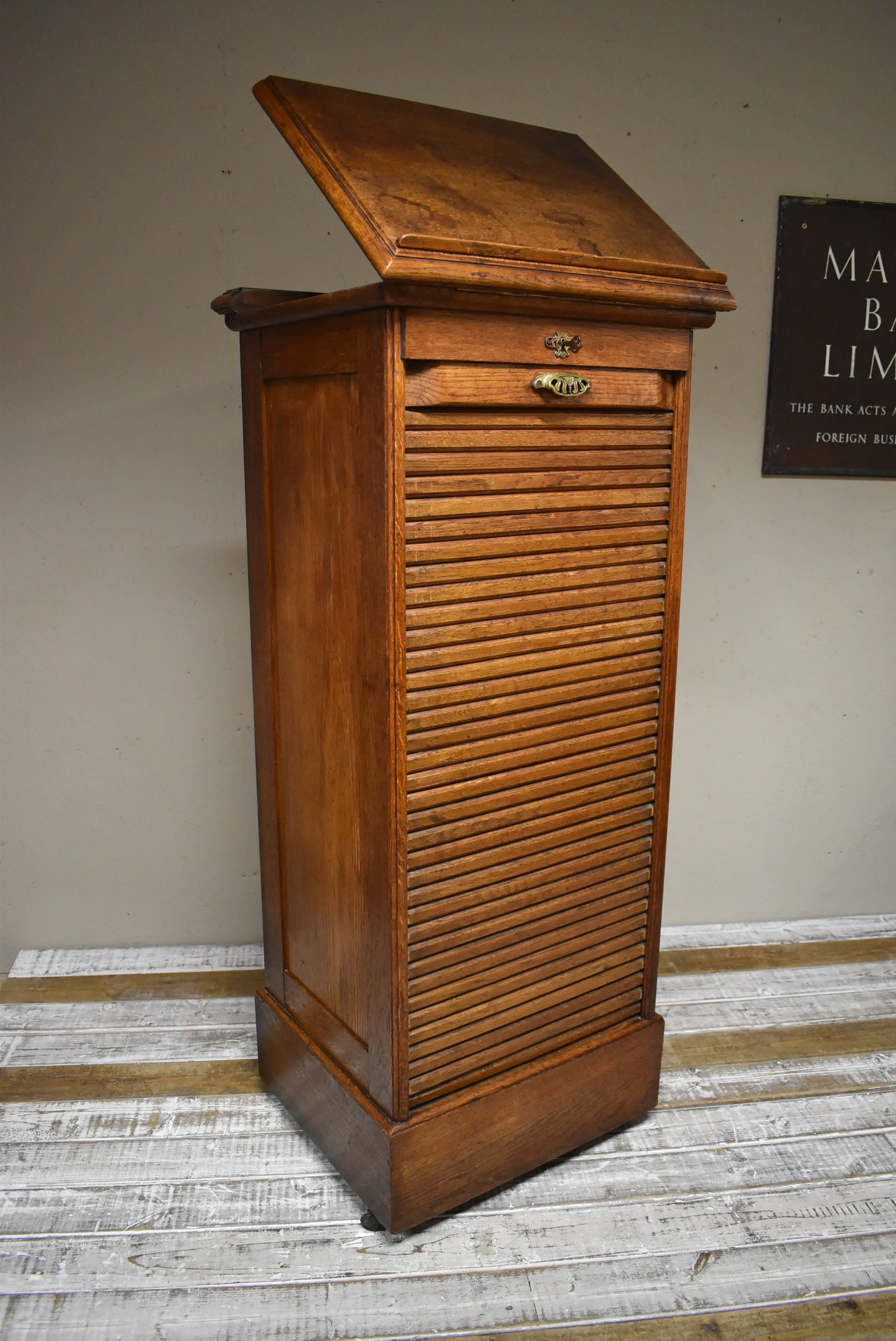 Antique Oak Tambour Haberdashery Stationary Filing Cabinet