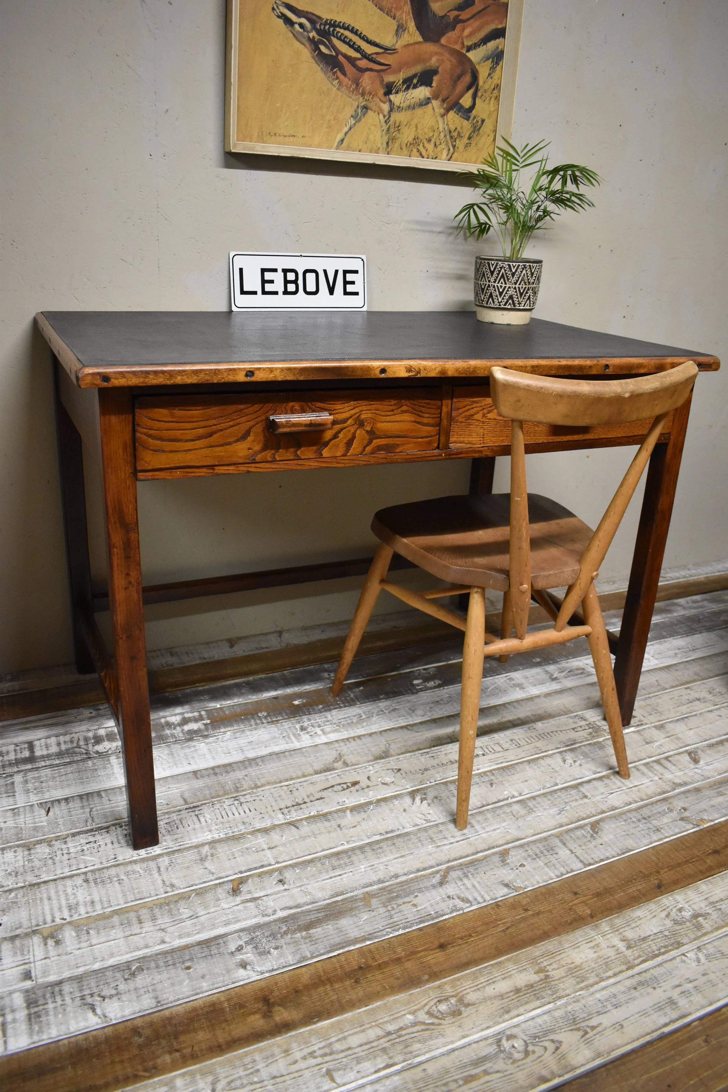Vintage Oak Writing Table Desk - Black Leather Top