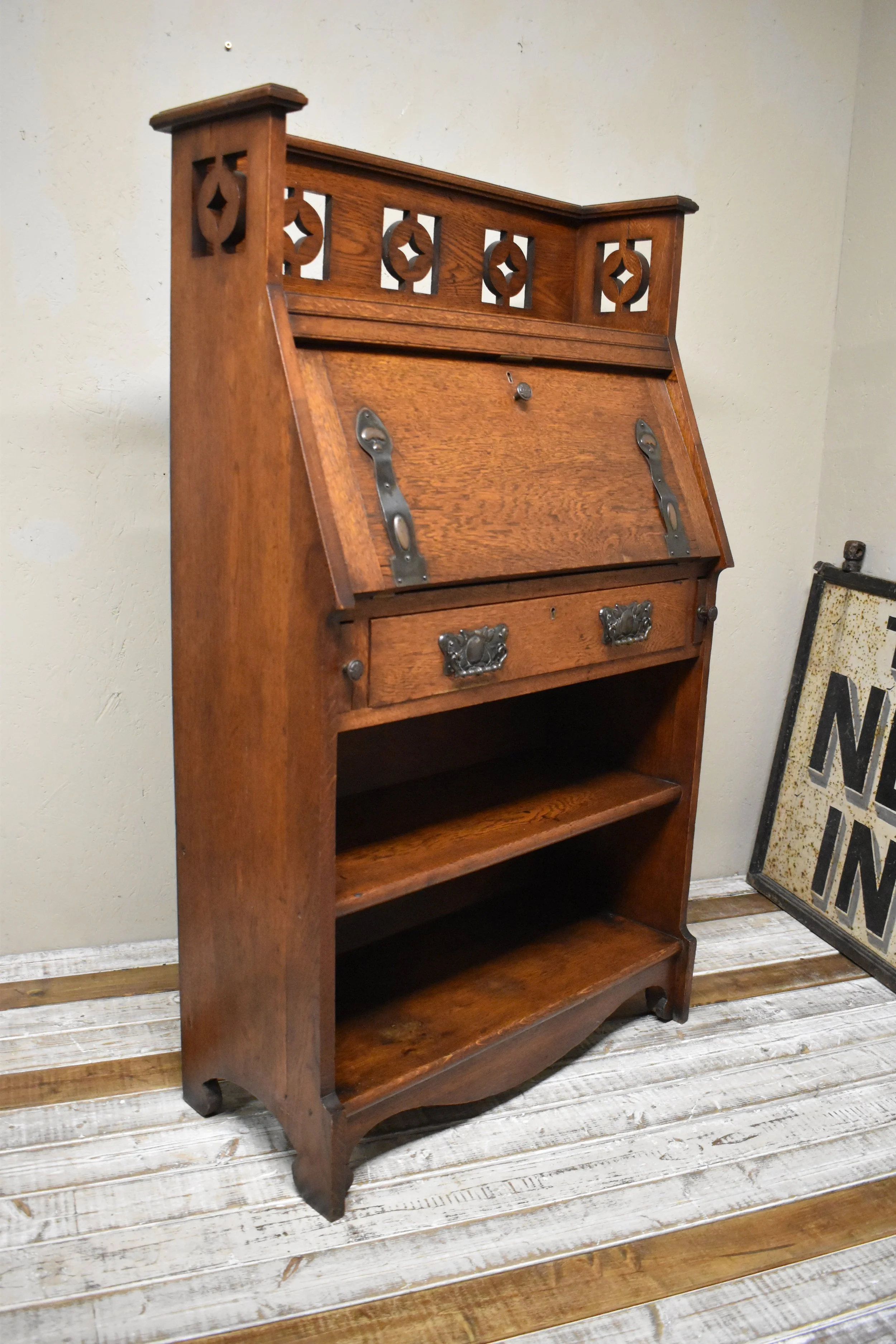 Antique Arts & Crafts Oak Bookcase Bureau Desk Cabinet