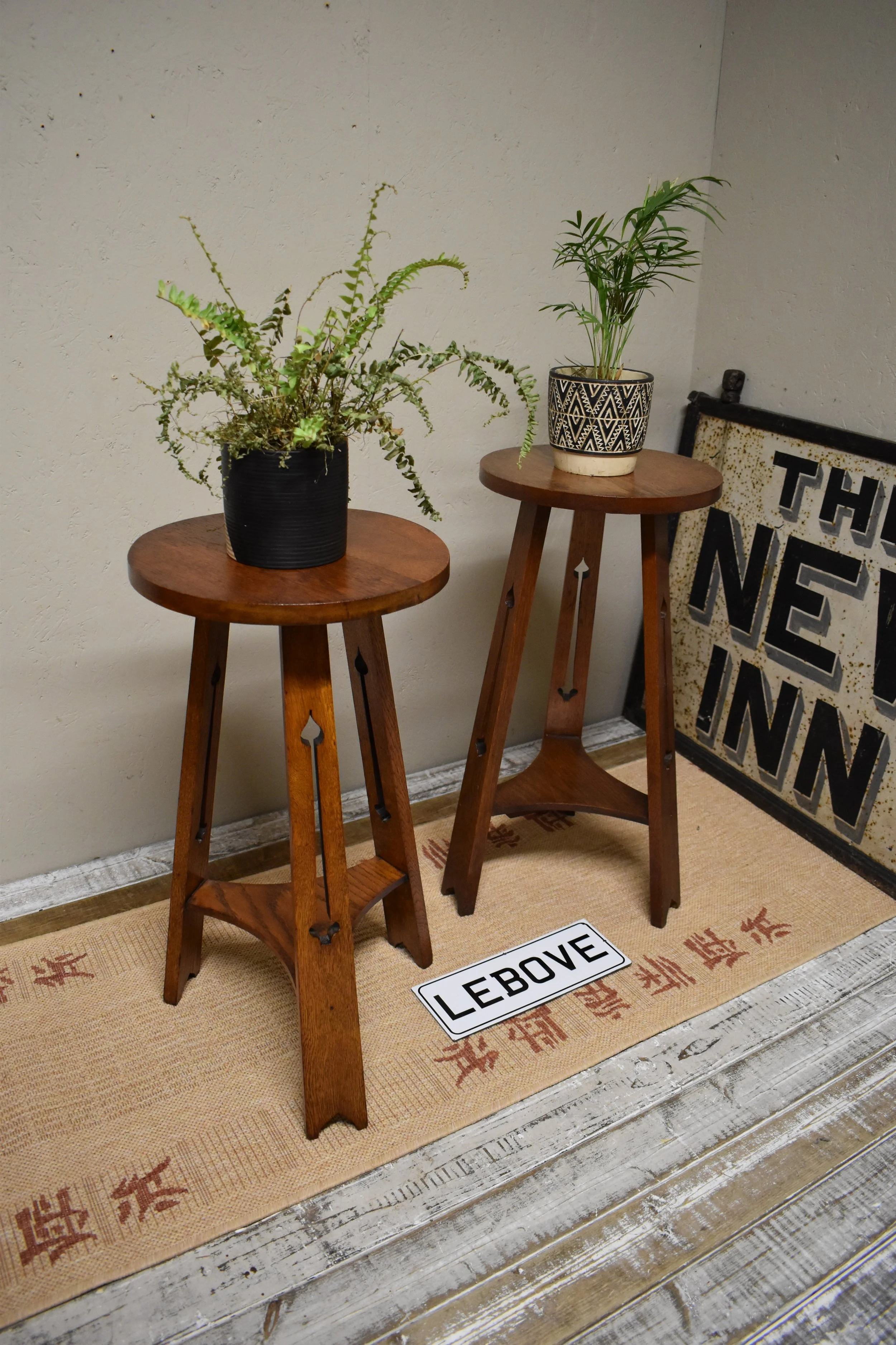 Pair of Antique Arts & Crafts Oak Side Tables - Plant Stands