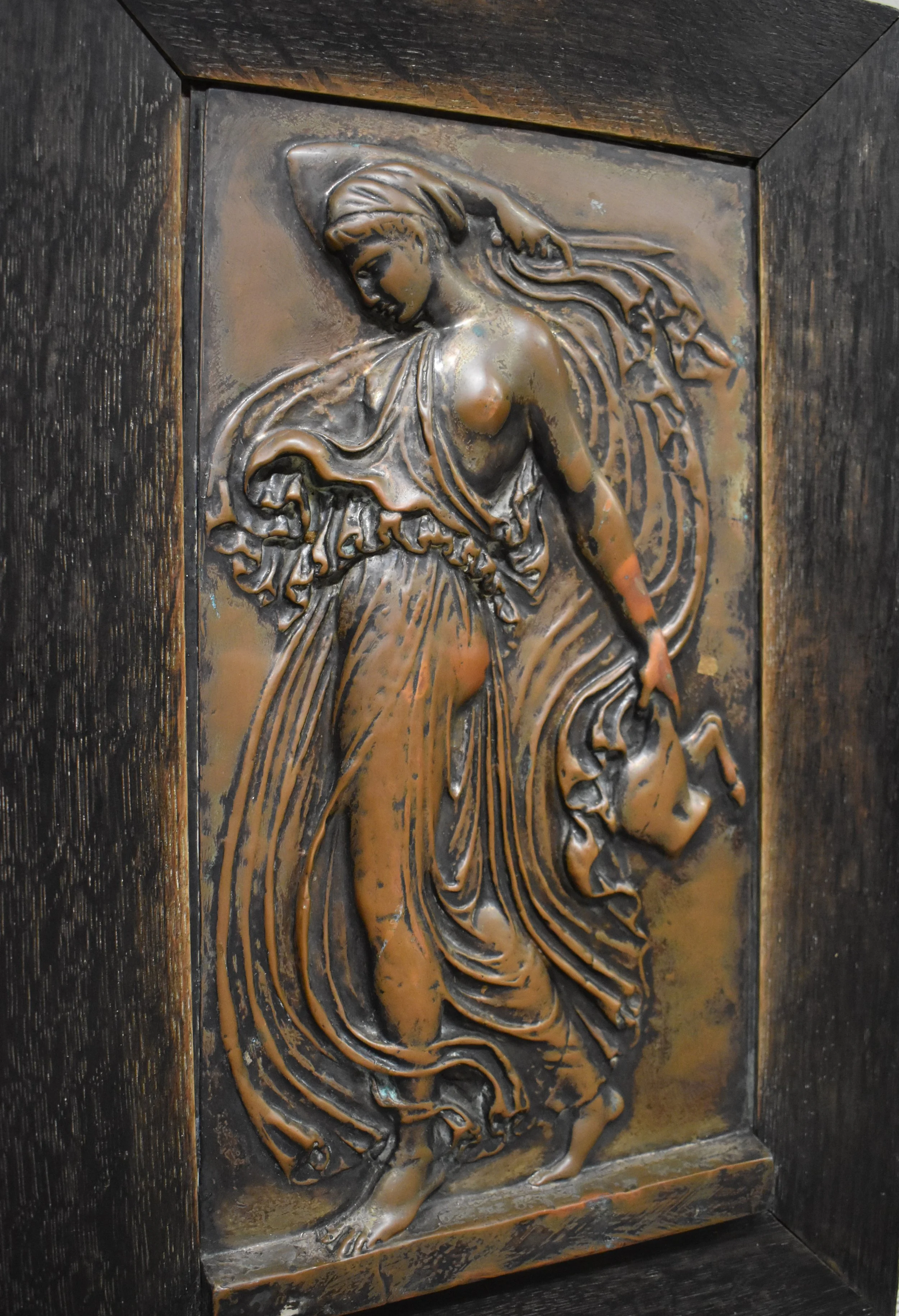 Art Nouveau Copper Repousse Panel - Arts & Crafts Bronze Figure