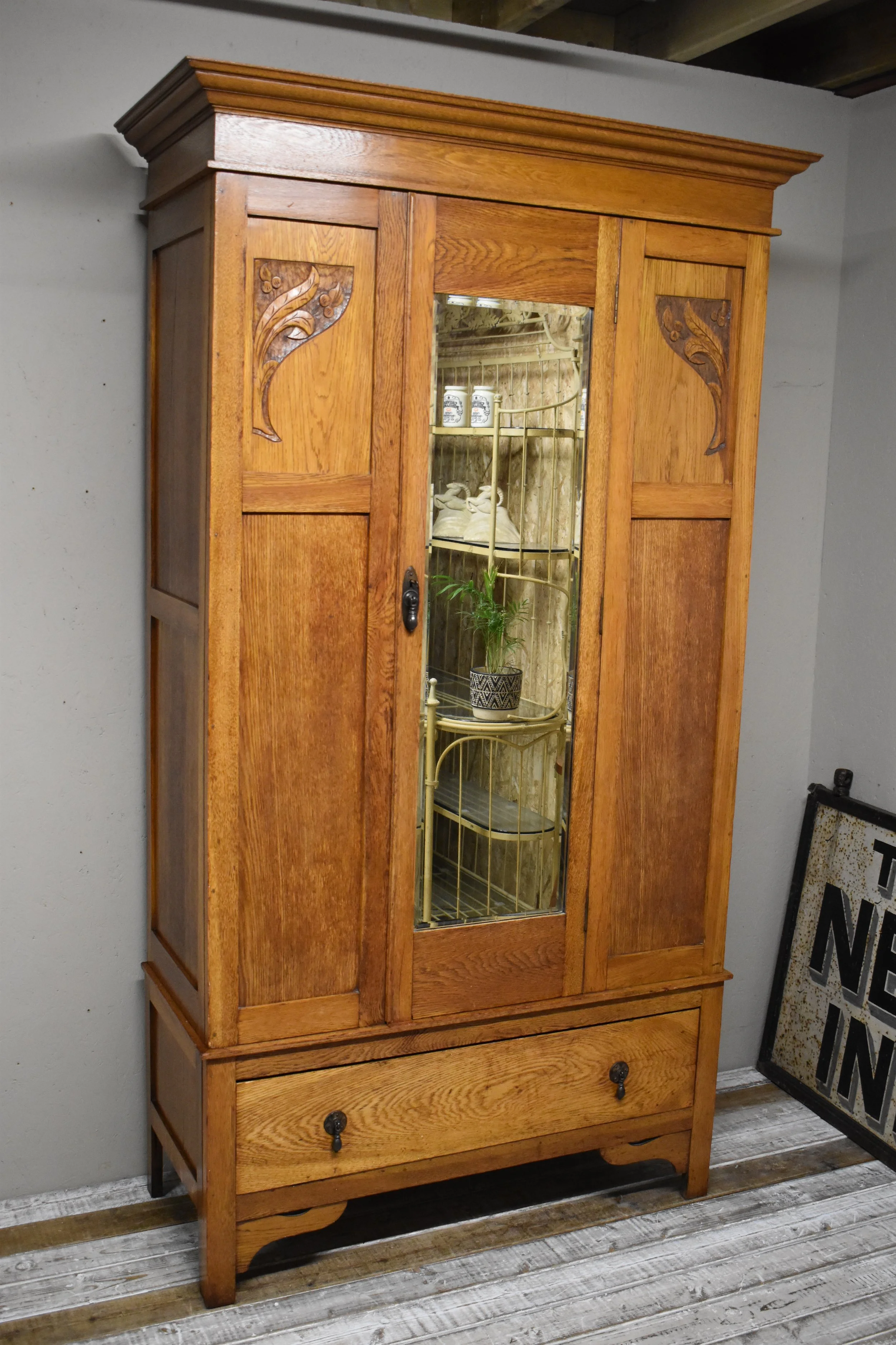 Antique Arts & Crafts Mirrored Oak Wardrobe