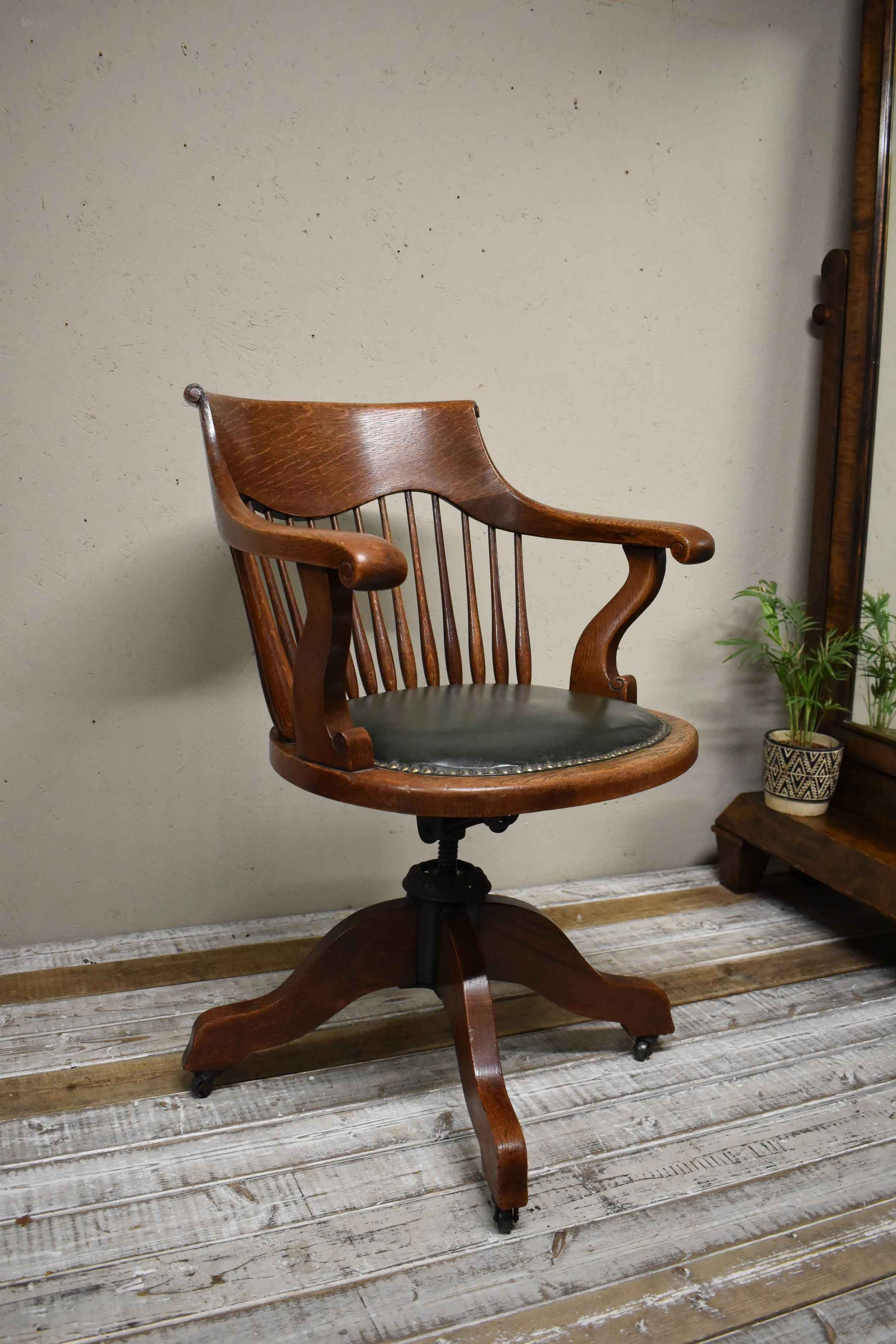 Antique Oak & Leather Captains Swivel Office Desk Chair