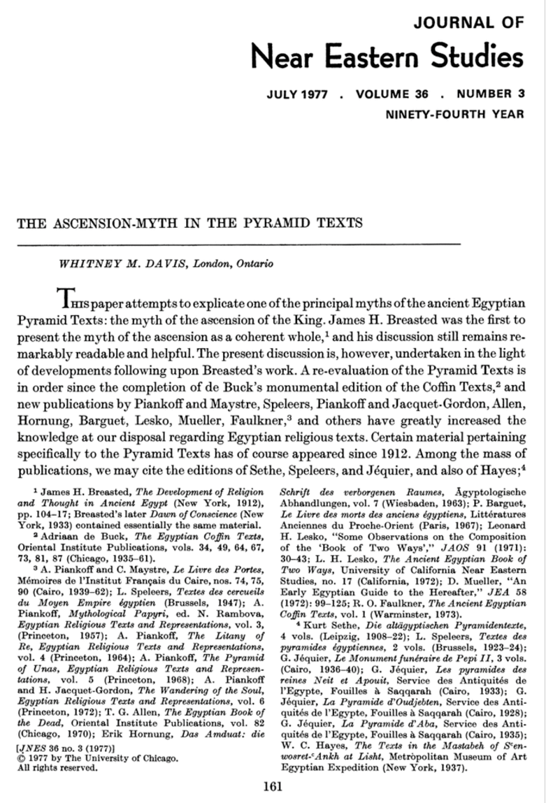 W.M. DAVIS, «The Ascension-Myth in the Pyramid Texts», JNES 36, 1977, pp. 161-179