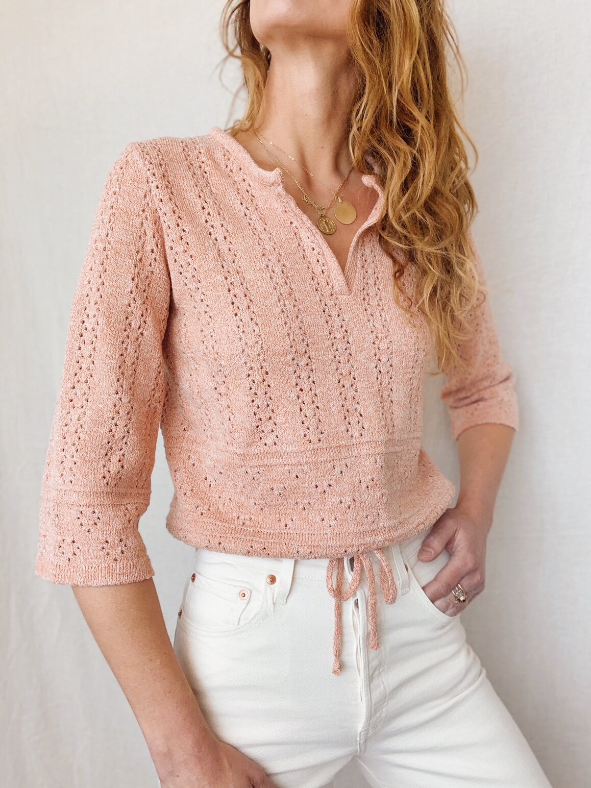 70s Peach Pointelle Drawstring Waist Sweater 