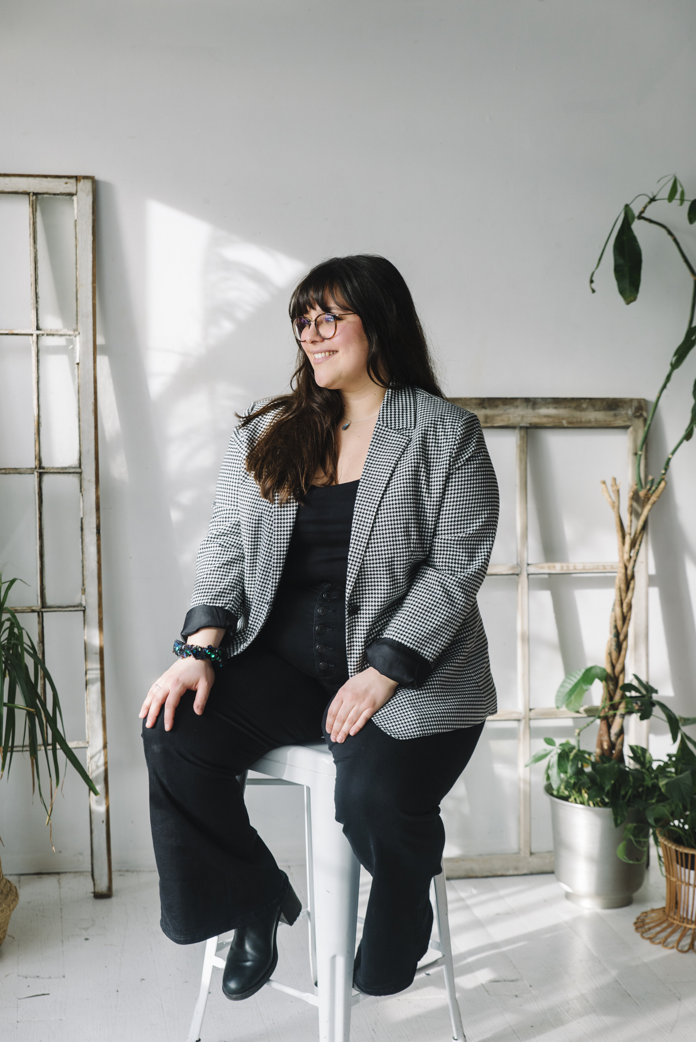 Lifestyle branding portrait of Sew Solange in a stylish industrial loft space in Toronto