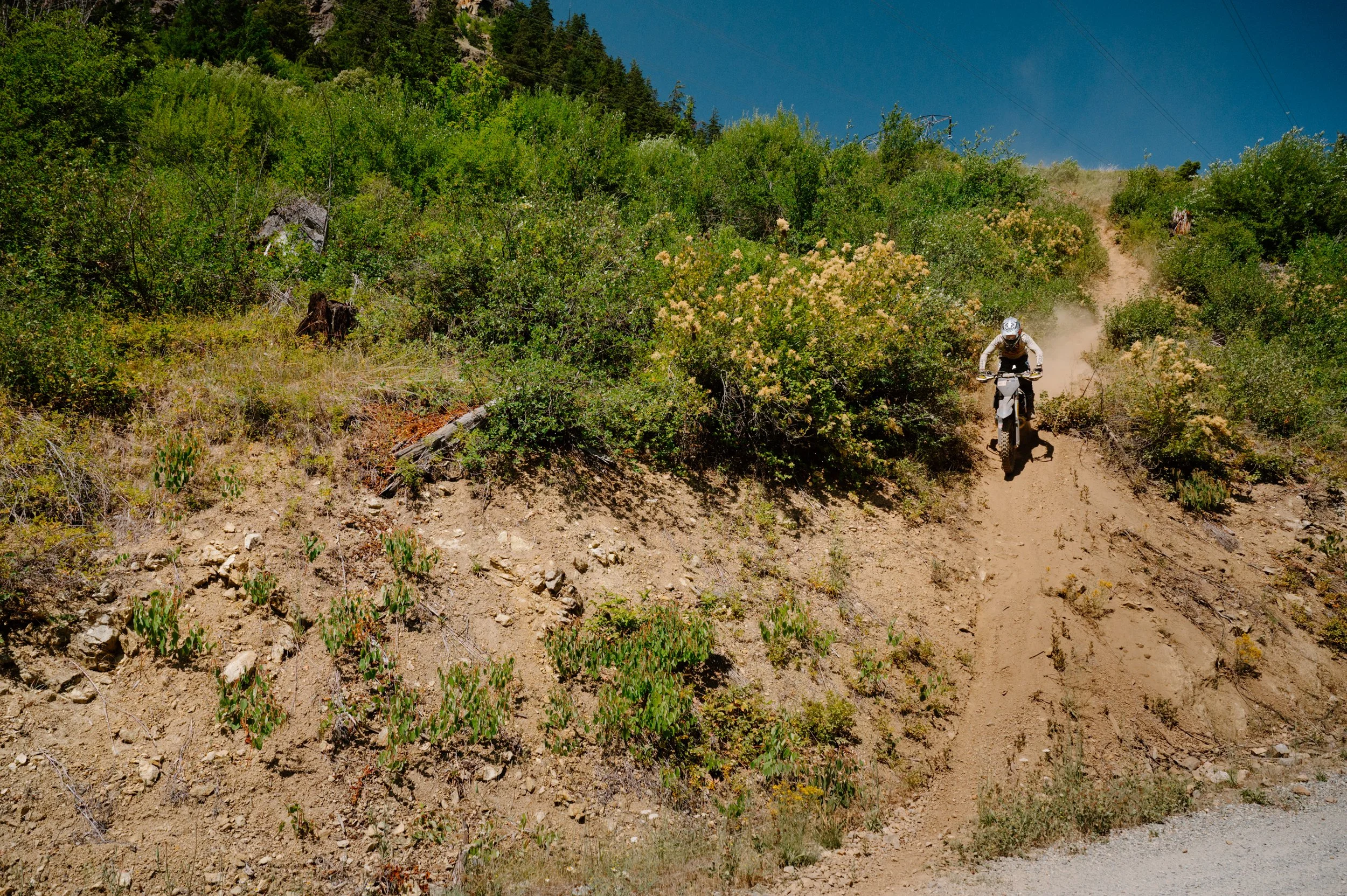 Wide landscape photo of a dirt bike rider coming down a trail in Pemberton BC, suited for an outdoor lifestyle brand campaign