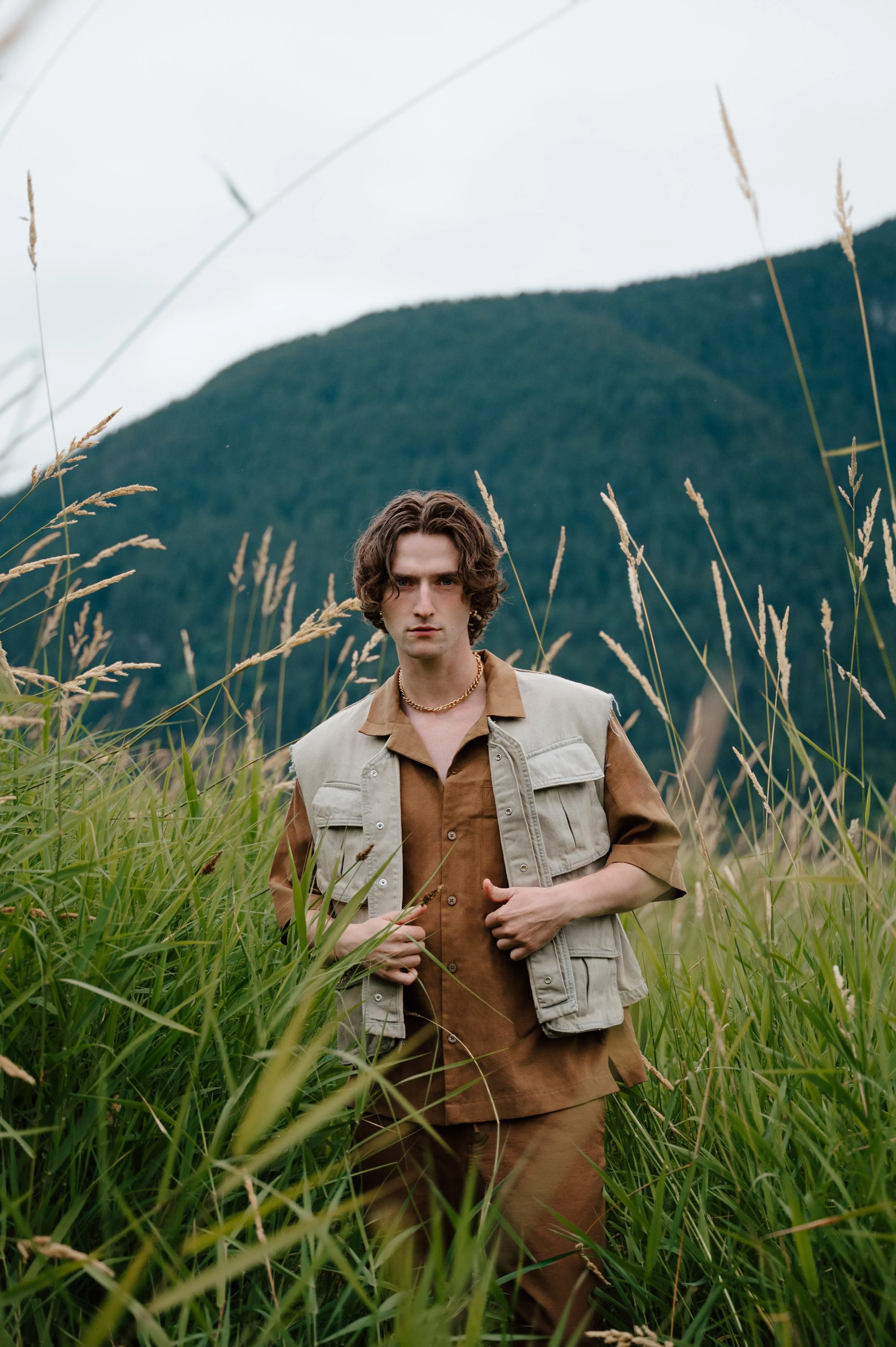Callum Campbell wearing styled fashion pieces outdoors in Pitt Meadows, BC