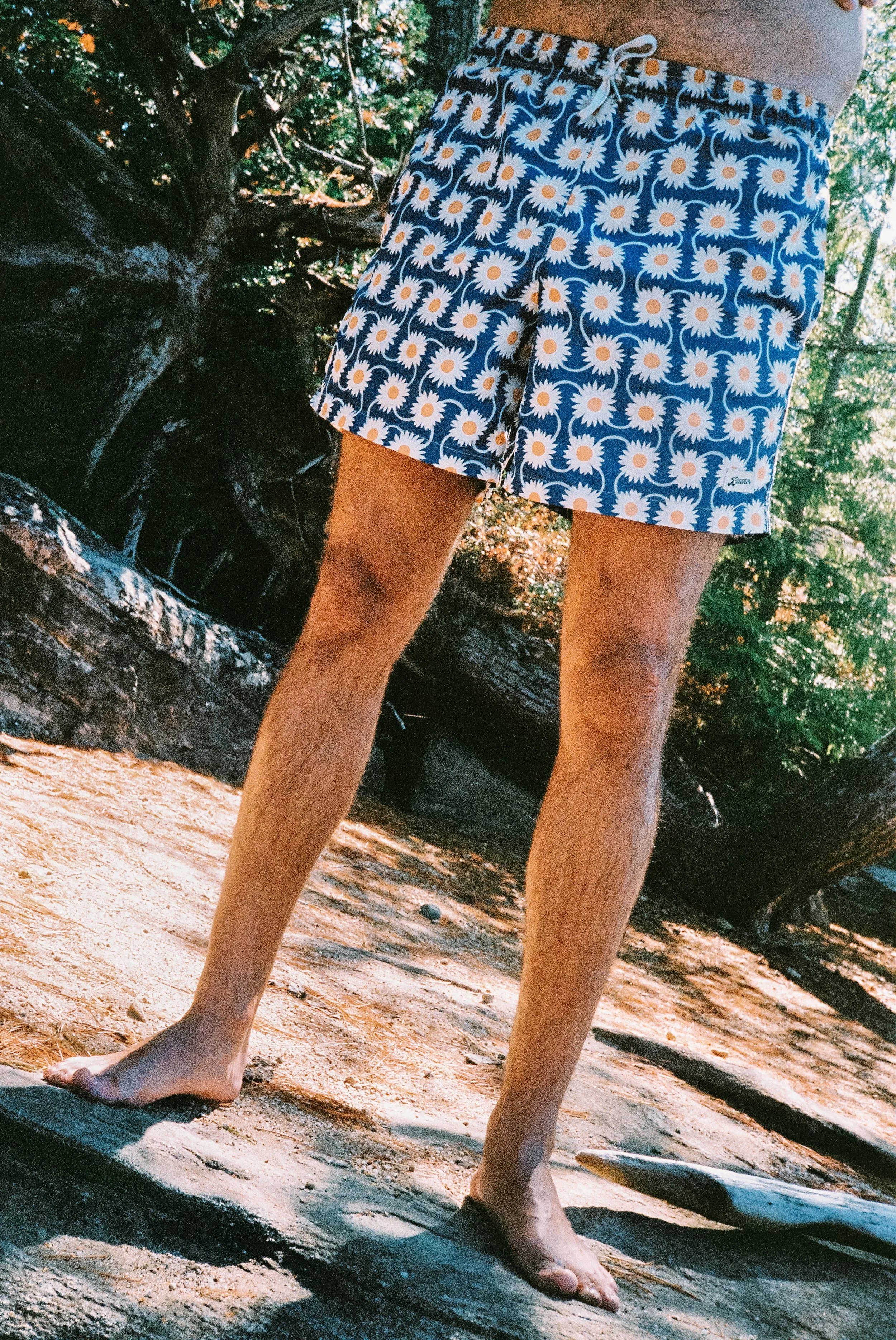 Lower body lifestyle photo of a person wearing Bather swim trunks at a cottage