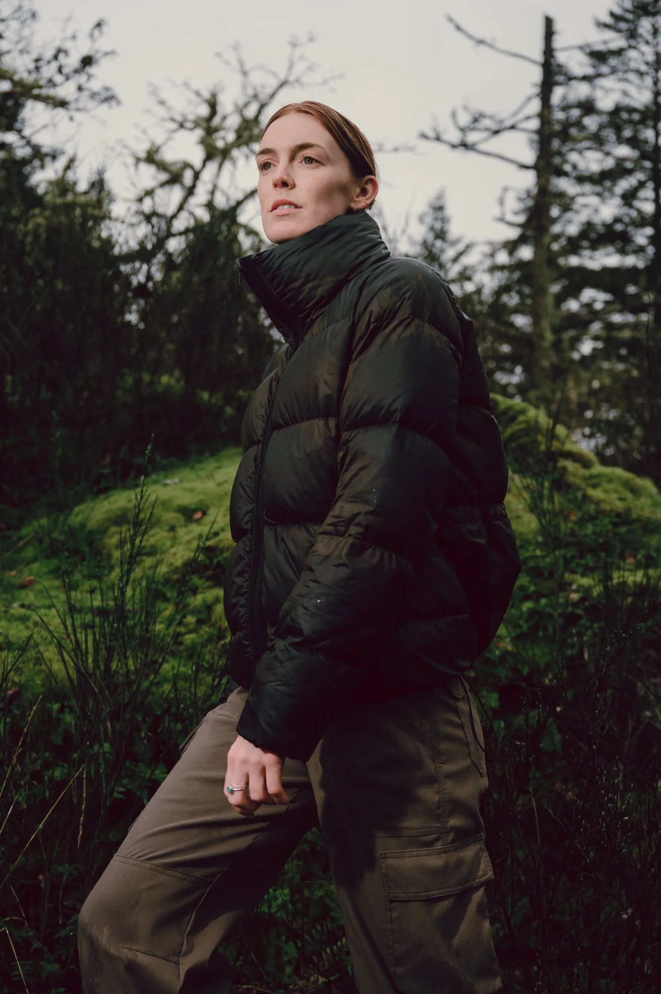 Hiking-inspired commercial campaign portrait of a Stranger Agency model in outdoor gear, photographed in the forests of Victoria BC