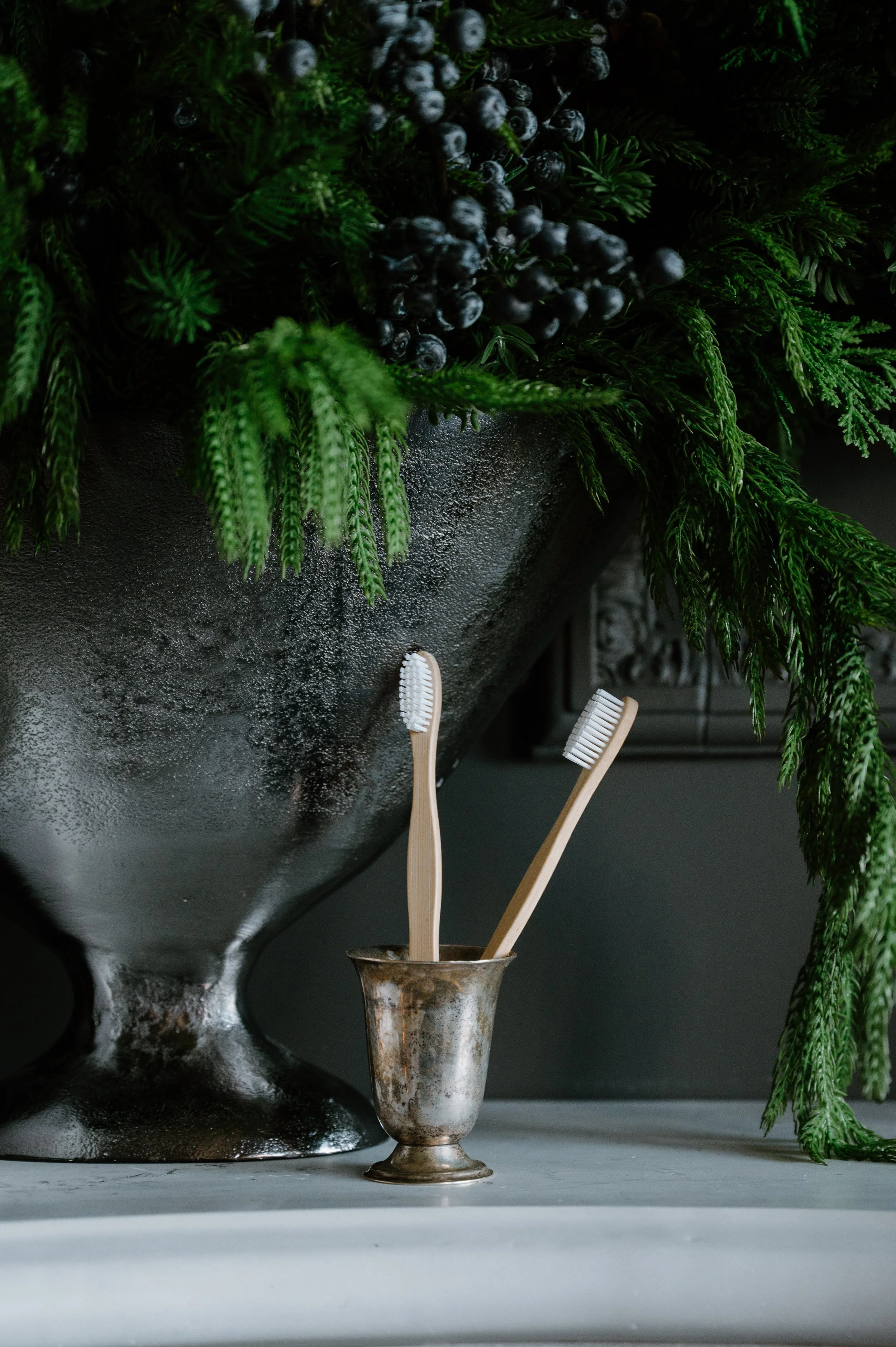 Eco-friendly toothbrush displayed on a mantle with garland