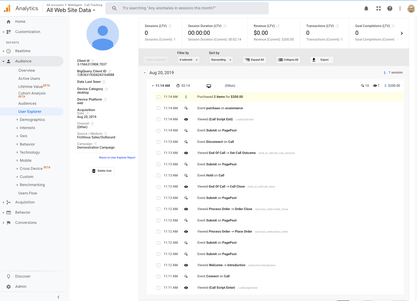 Google Analytics - User Explorer (Call)