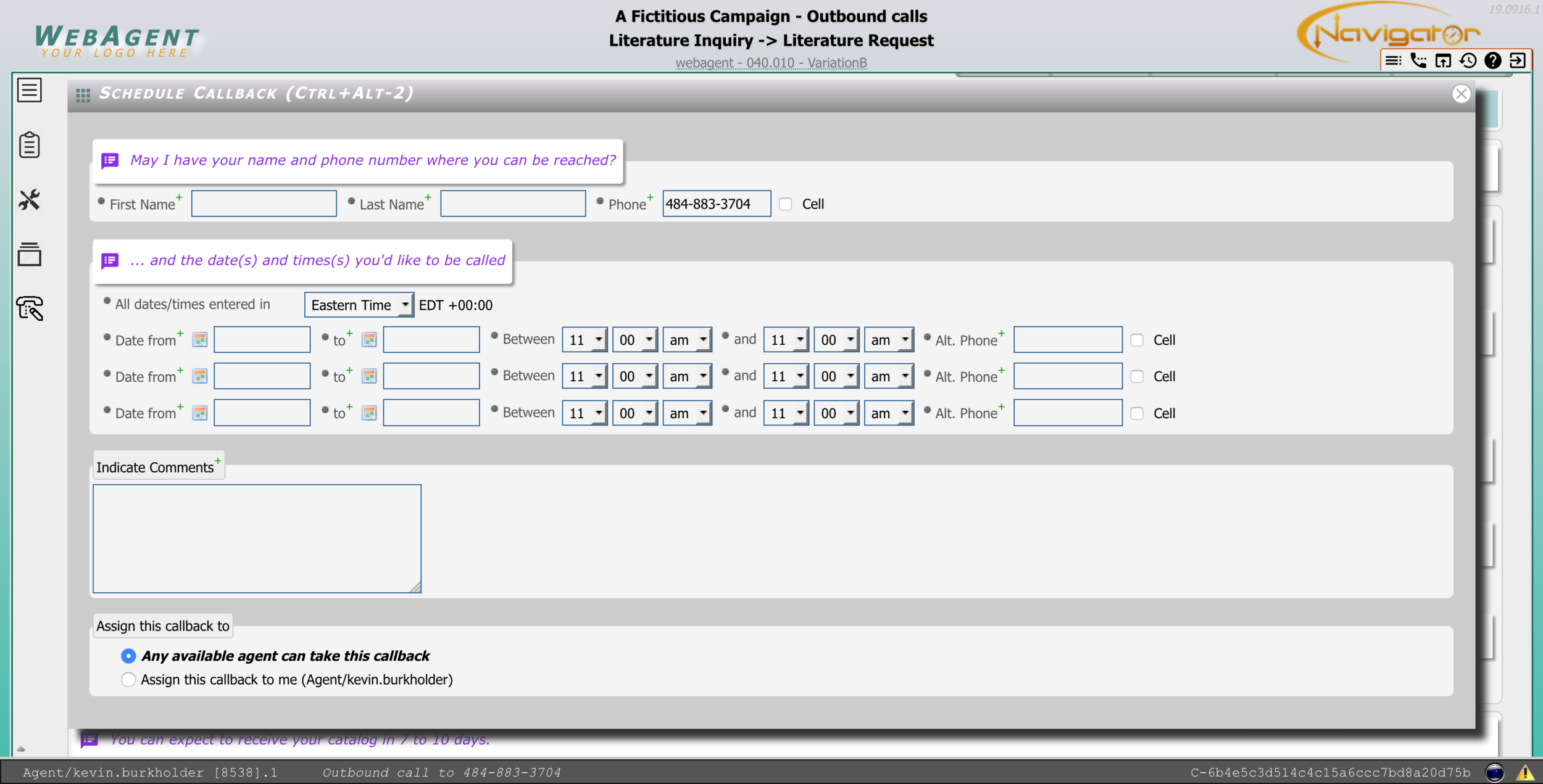 Callback Scheduler screen