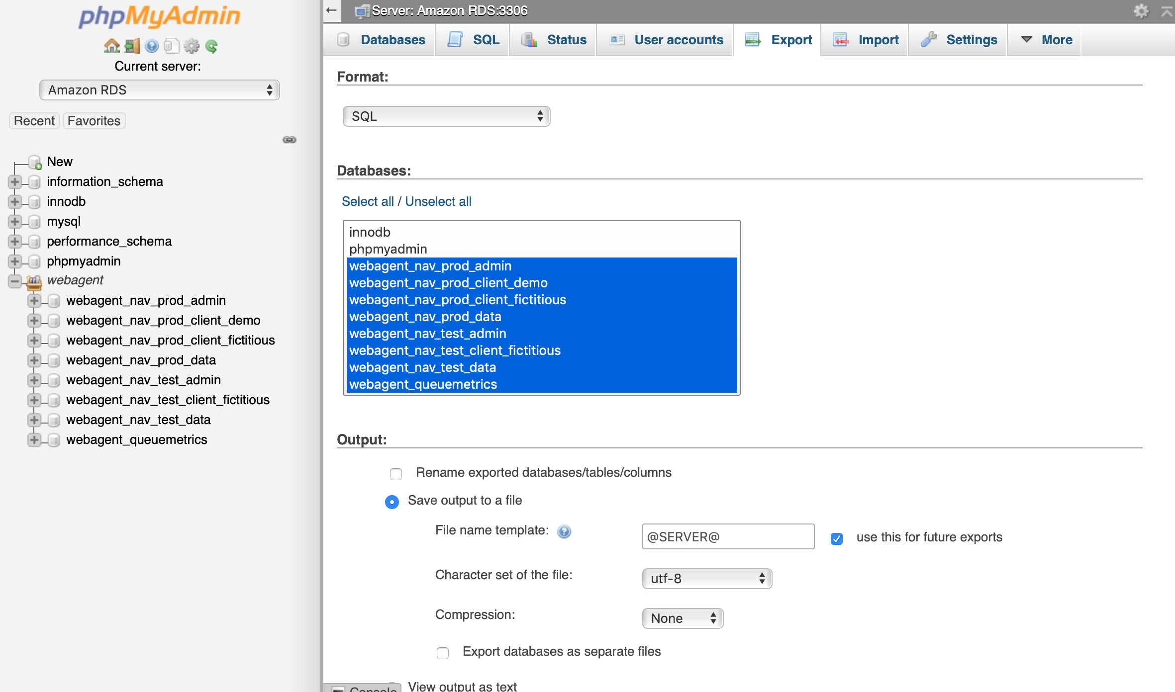 Exporting WebAgent databases using phpMyAdmin