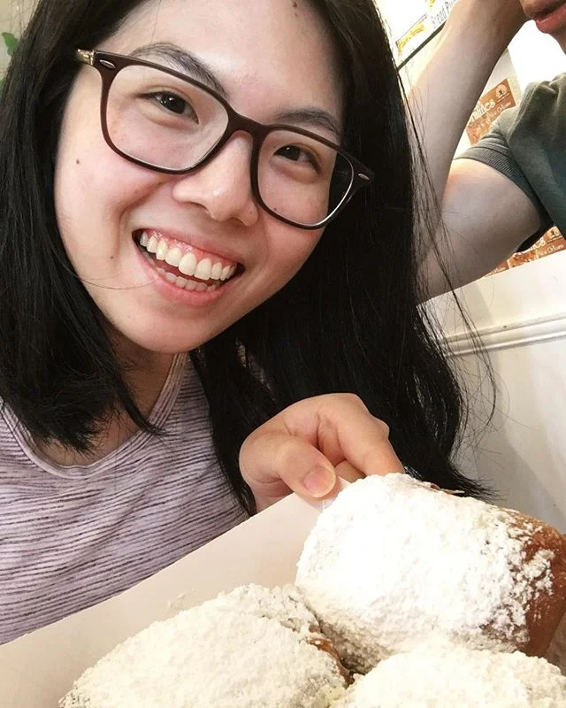 My super quick selfie with hot beignets. Not sure how my travel partner is resisting 😛 #eatfirsttalklater