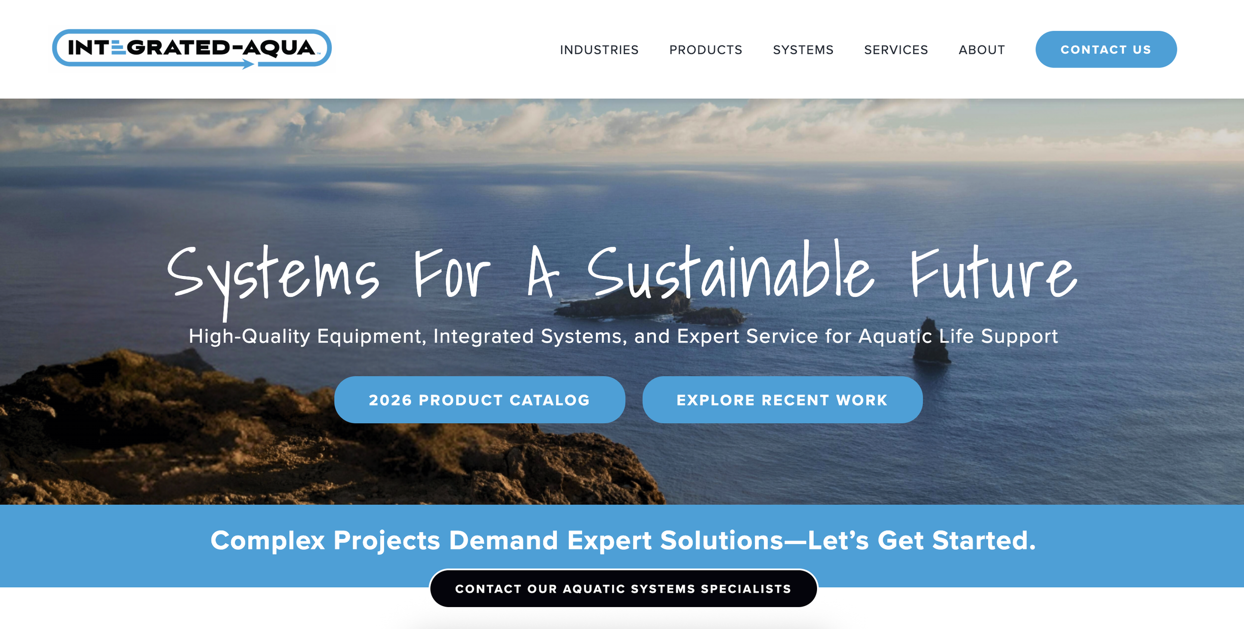 Homepage for integrated-aqua.com featuring aquatic header image and CTA buttons