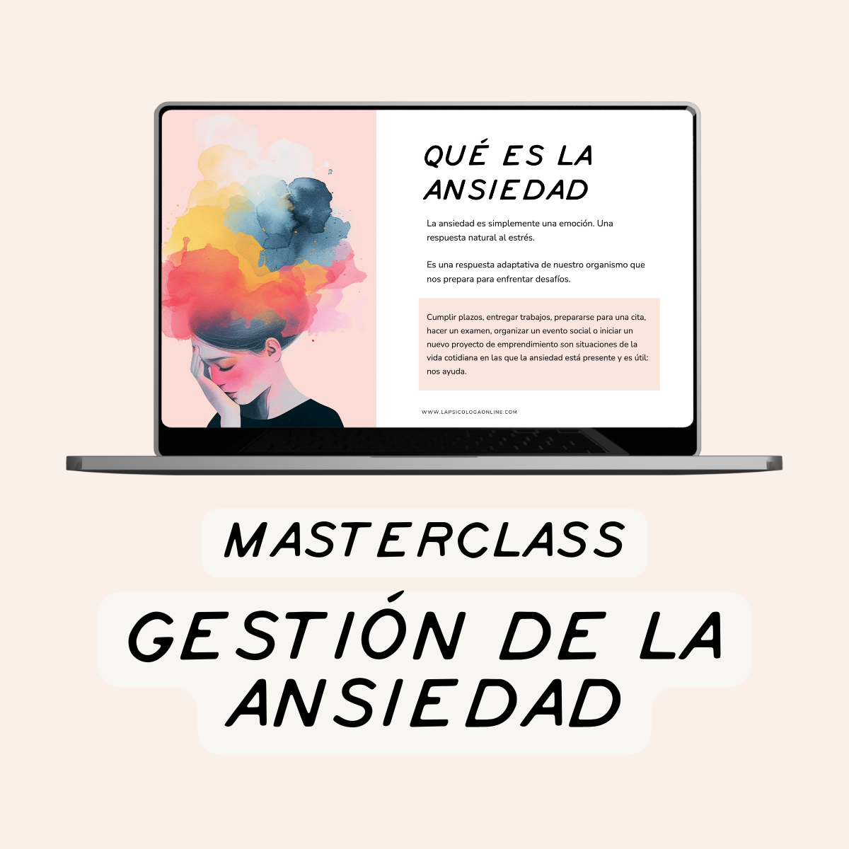Portada de la masterclass sobre gestión de la ansiedad, curso online de psicología con ilustración y texto explicativo.