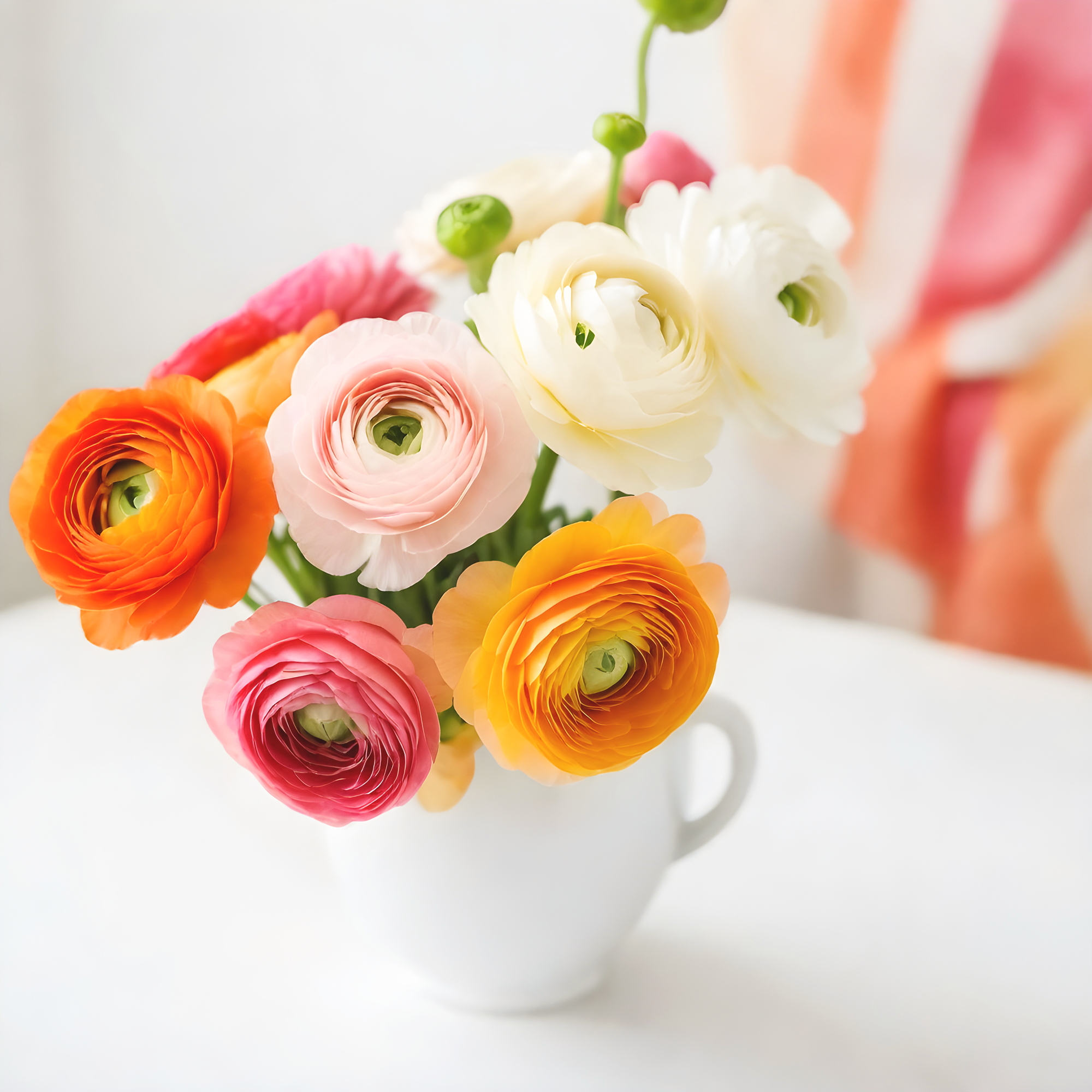 Ramo de flores de ranúnculo en tonos rosados, naranjas y blancos en una taza blanca.