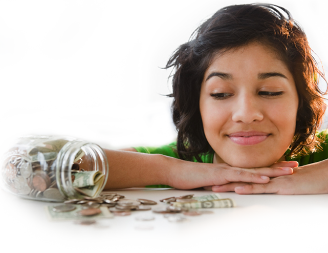 Person smiling at their piggy bank.