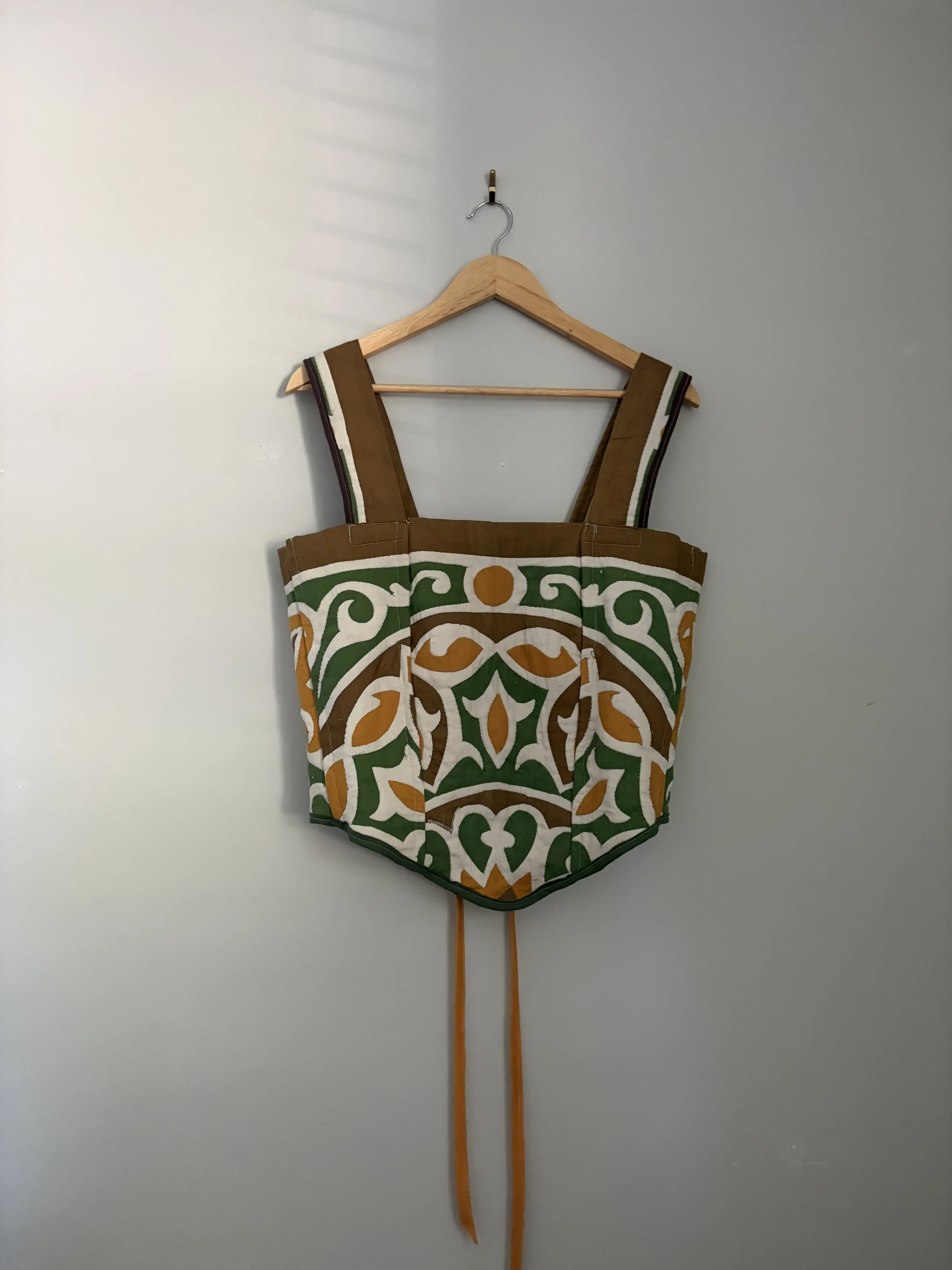 Quilted Corset - Brown, Green, and Gold Medallion Quilt
