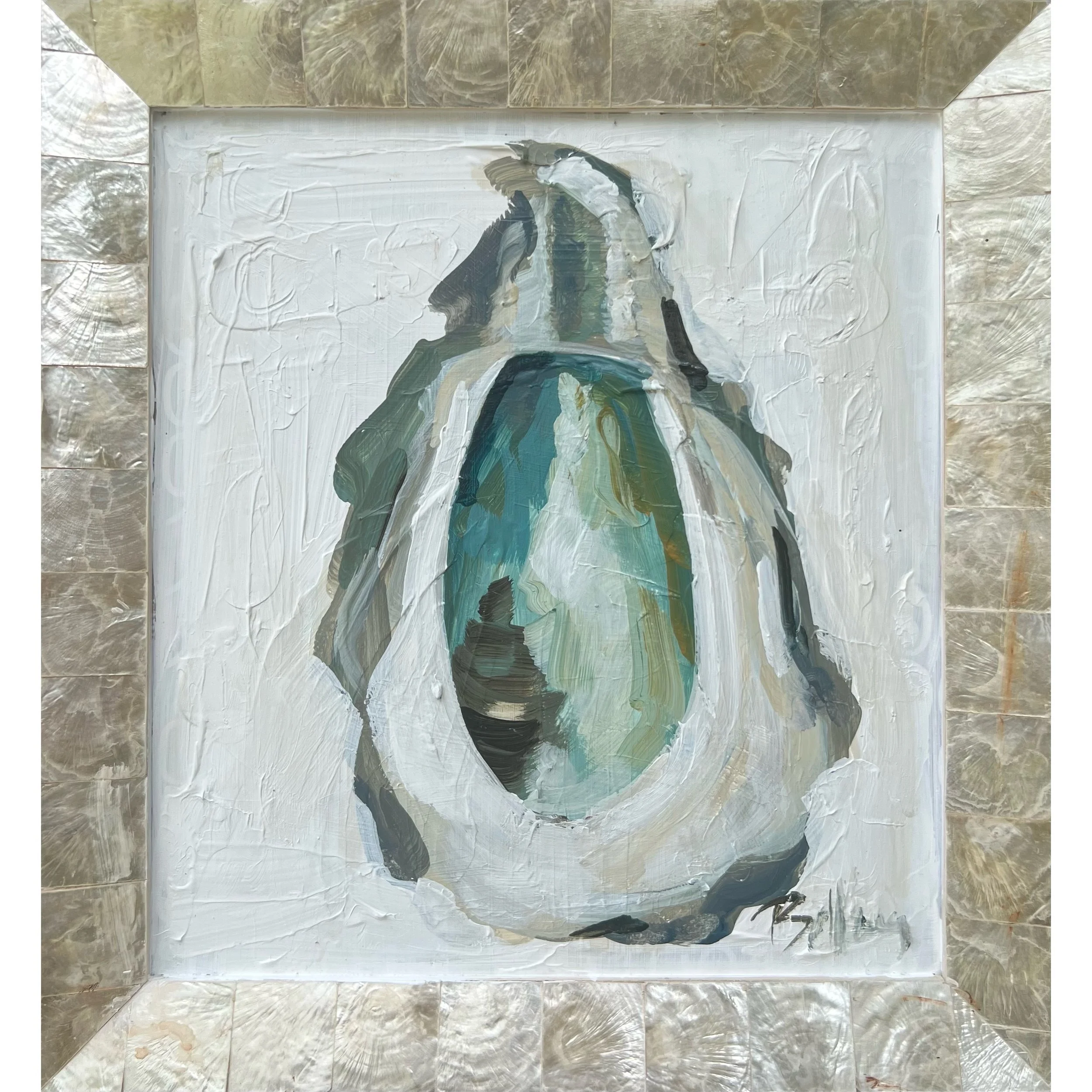 "Mother Oyster" 12x13'' Acrylic on Canvas, (Mother of Pearl Frame)