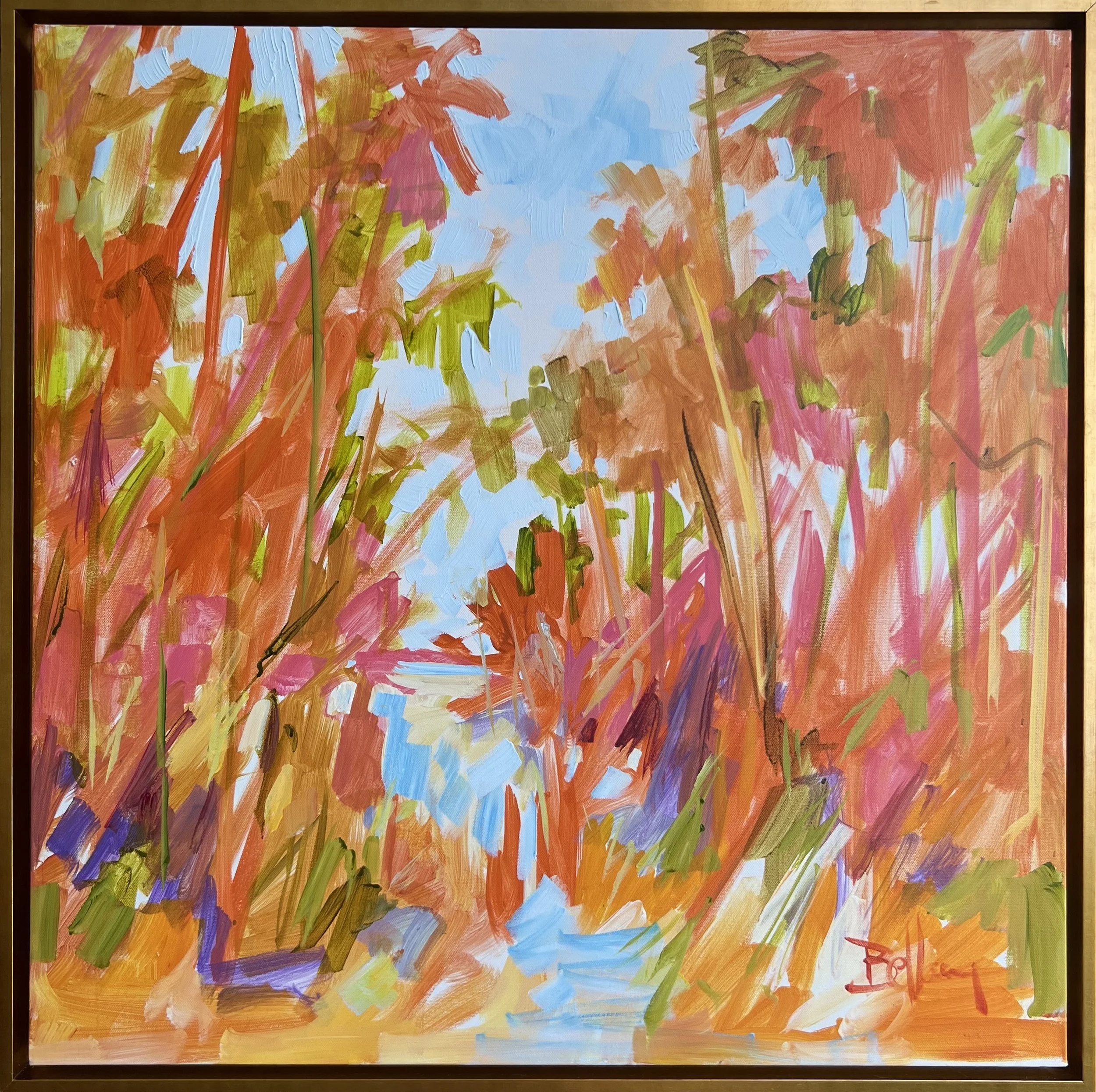 “Apricot Marsh” 30x30” Acrylic on Canvas (Gold Floater Frame)