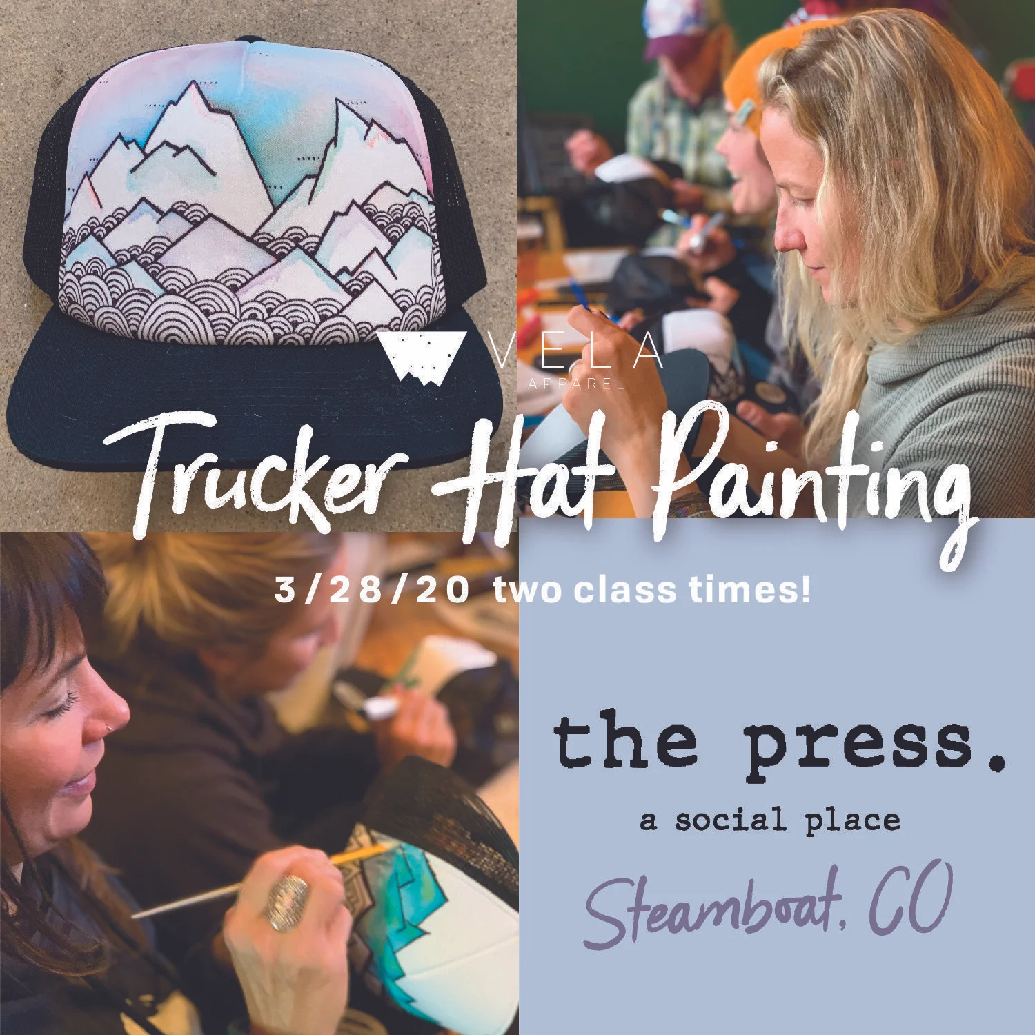 Hat Painting Class Fundraiser with VELA Apparel at the press.