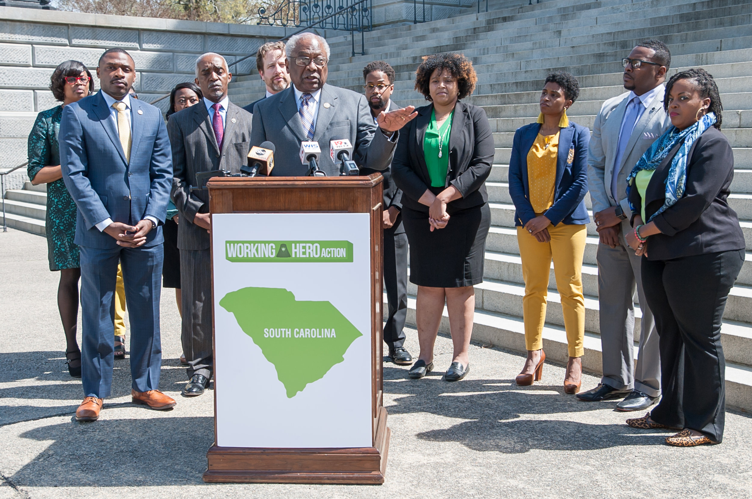 U.S. Representative James Clyburn and South Carolina state legislators hold a press conference with Joe Sanberg and Working Hero South Carolina in support of the EITC.