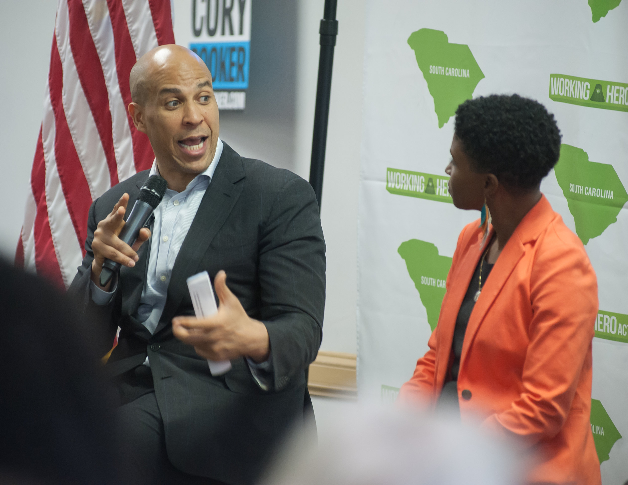 Senator Cory Booker speaks with Working Hero South Carolina director Rania Jamison at a community forum on economic inequality. 