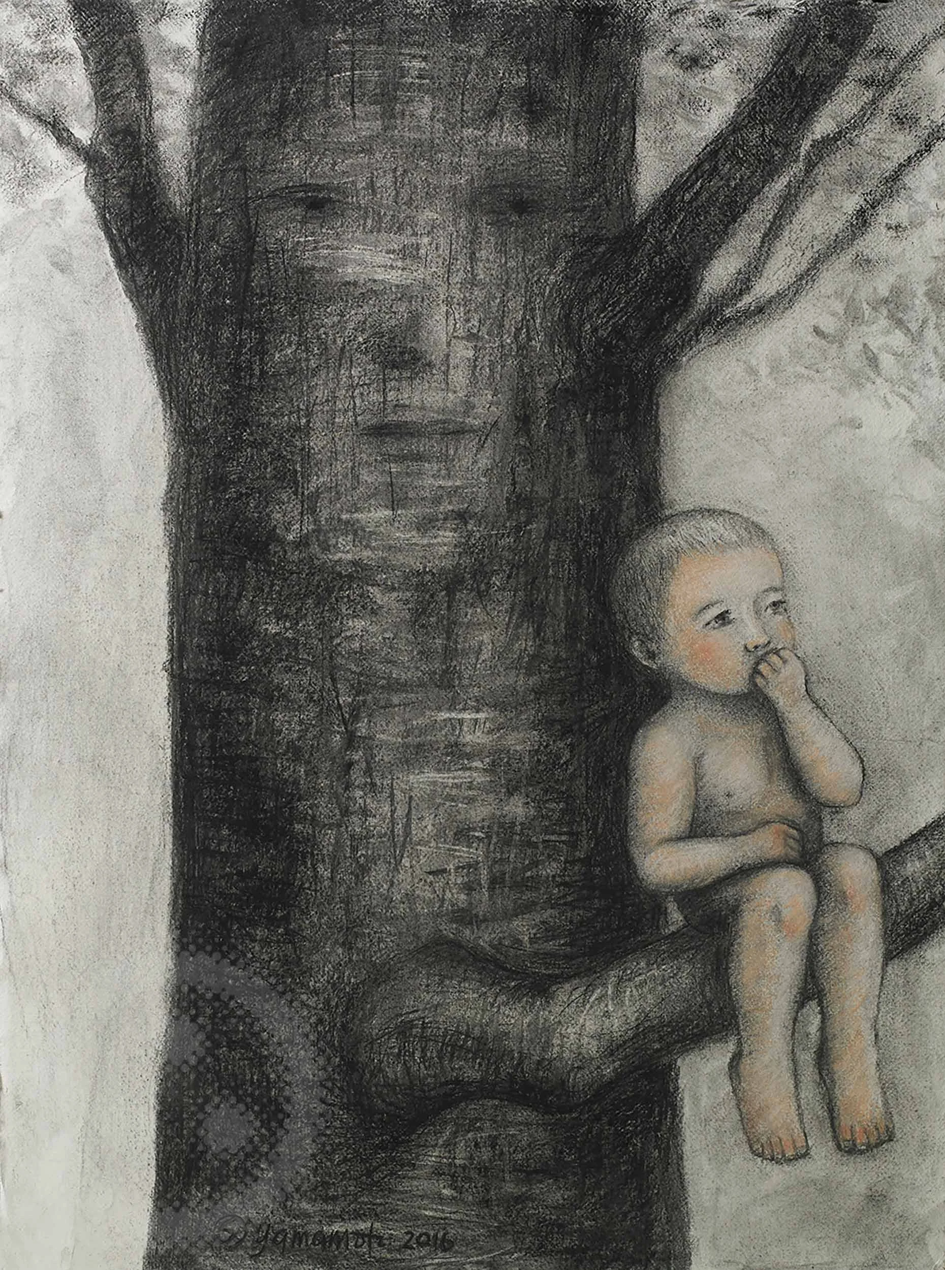 Safe Up Here - charcoal/pastel drawing