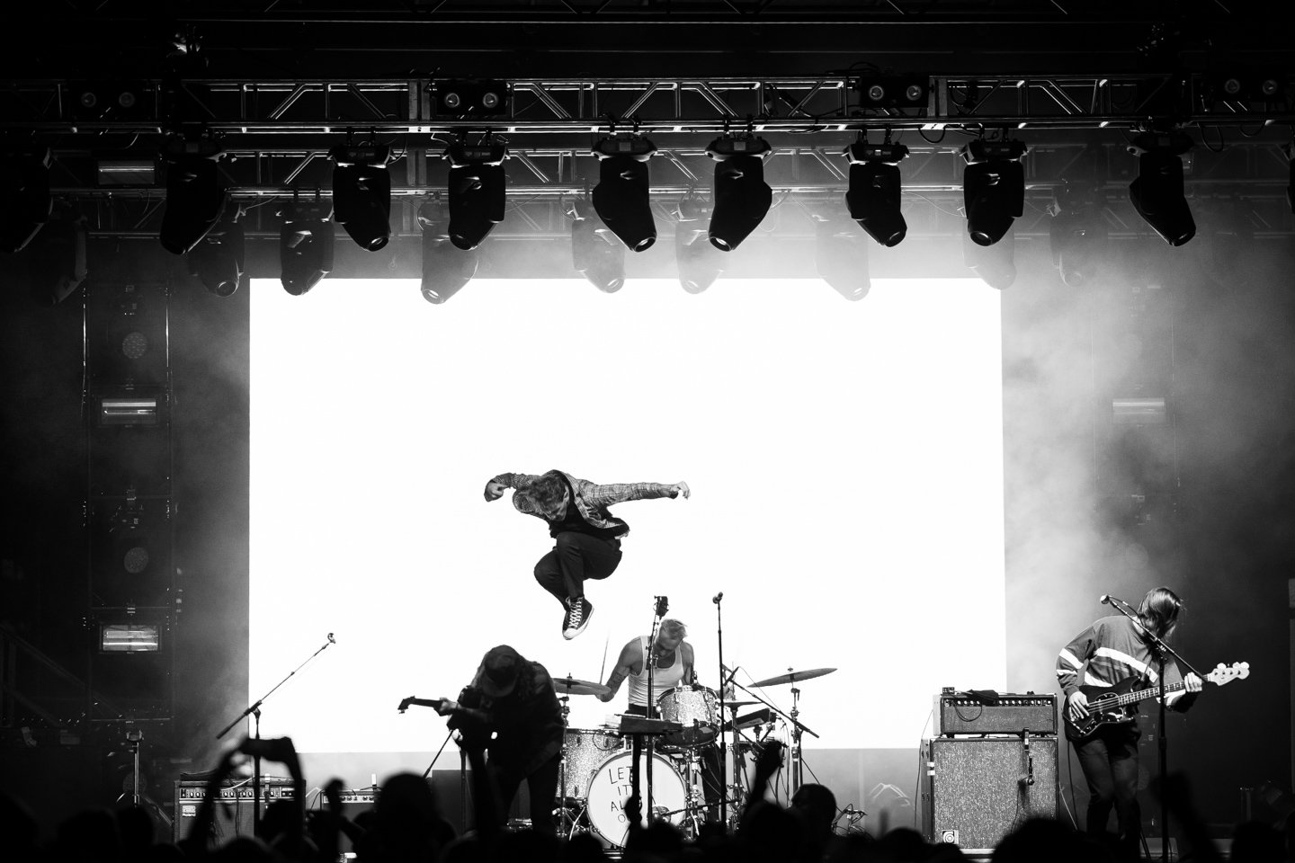  COIN vocalist Chase Lawrence jumps off an amplifier at the All Things Go Fall Classic music festival, in Washington, D.C., on October 12, 2019. (Graeme Sloan/Sipa USA) 