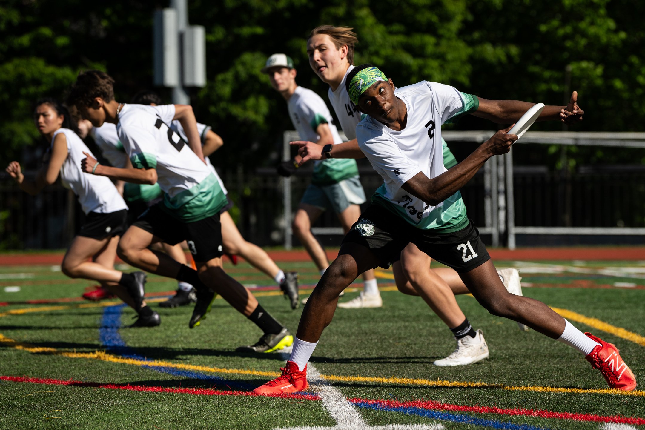  Jackson-Reed player Tamir Hill-Marshall pulls the disc to start a point, during the Championship game at the D.C. State Ultimate Championships, at Jackson-Reed High School, in Washington, D.C., on Saturday, May 6, 2022. (Graeme Sloan for The Washing