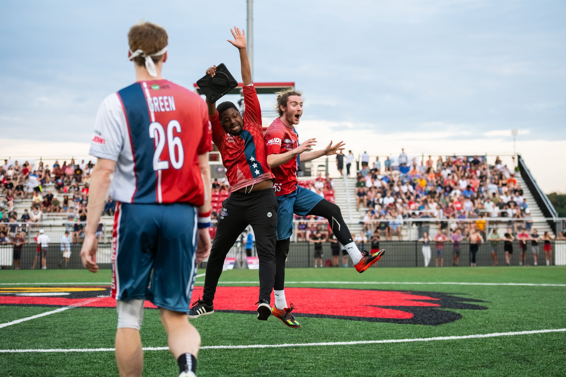  DC Breeze Head Coach Darryl Stanley and player Jonny Malks celebrate during a DC Breeze home win against the Boston Glory, in Washington, D.C., on June 18, 2021. (Graeme Sloan for The Washington Post Magazine) 