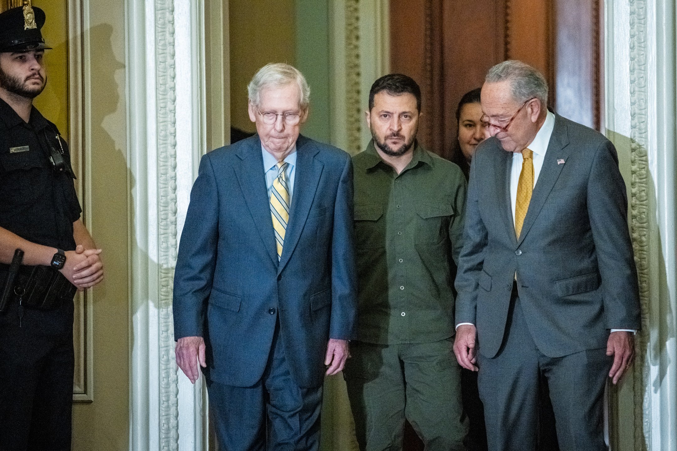 Senator Mitch McConnell (R-KY), the Senate Minority Leader; Ukrainian President Volodymyr Zelenskyy; and Senator Chuck Schumer (D-N.Y.), the Senate Majority Leader, arrive for a meeting with Senators to discus American aid to Ukraine, at the U.S. Ca
