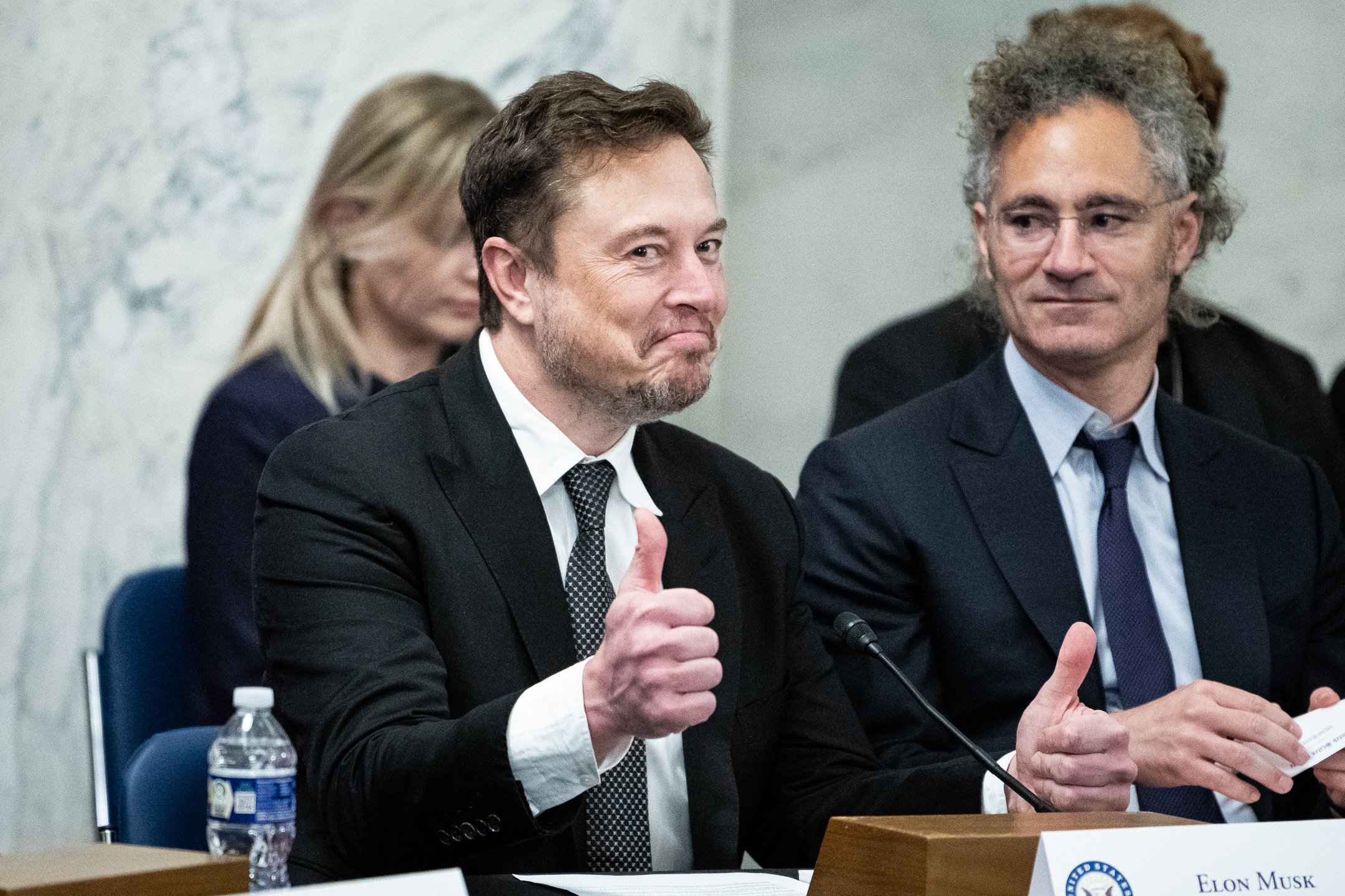  Tesla and X CEO Elon Musk gives a thumbs up during the Senate AI Insight Forum, at the U.S. Capitol, in Washington, D.C., on  September 13, 2023. (Graeme Sloan/Sipa USA) 