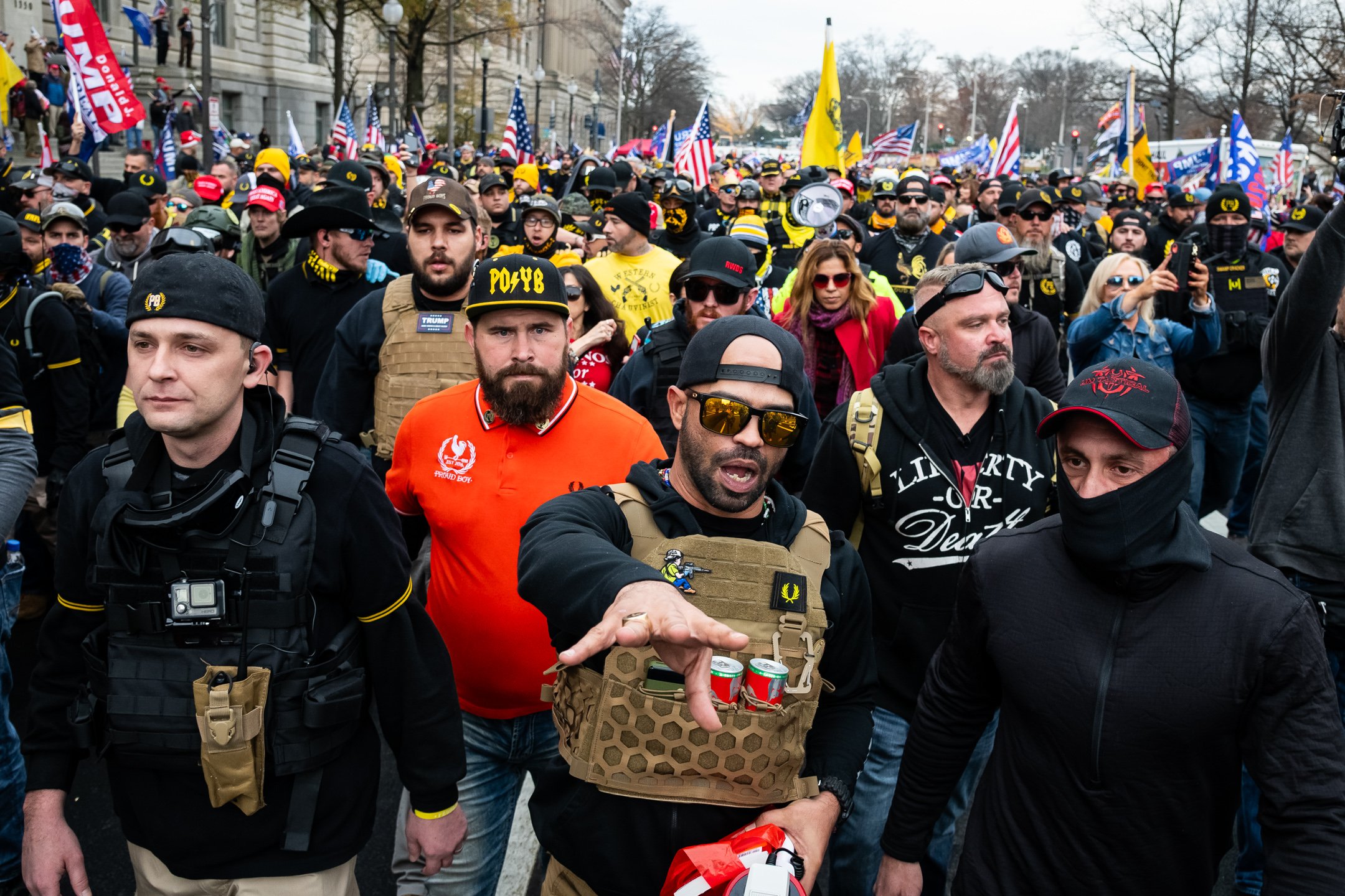  Enrique Tarrio, leader of the Proud Boys, leads a group of Pro-Trump protesters wearing Proud Boys attire in Freedom Plaza during the "Million MAGA March" in Washington, D.C., on December 12, 2020. (Graeme Sloan for Bloomberg) 