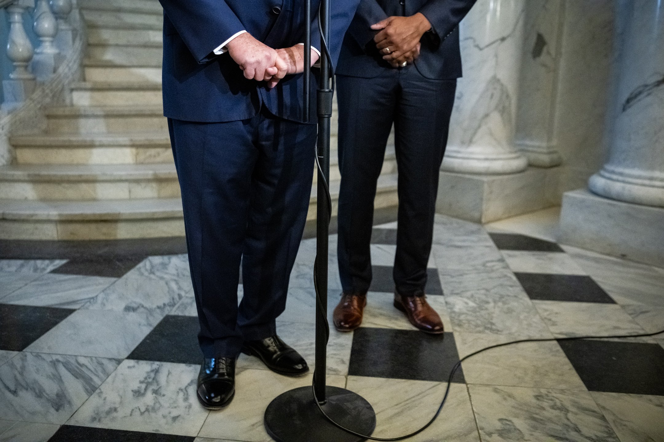  Maryland Governor Larry Hogan, left, speaks during a press conference with Governor-elect Wes Moore after meeting in the Governors office, at the Maryland State House, in Annapolis, Maryland, on November 10, 2022. (Photo by Graeme Sloan for The Wash