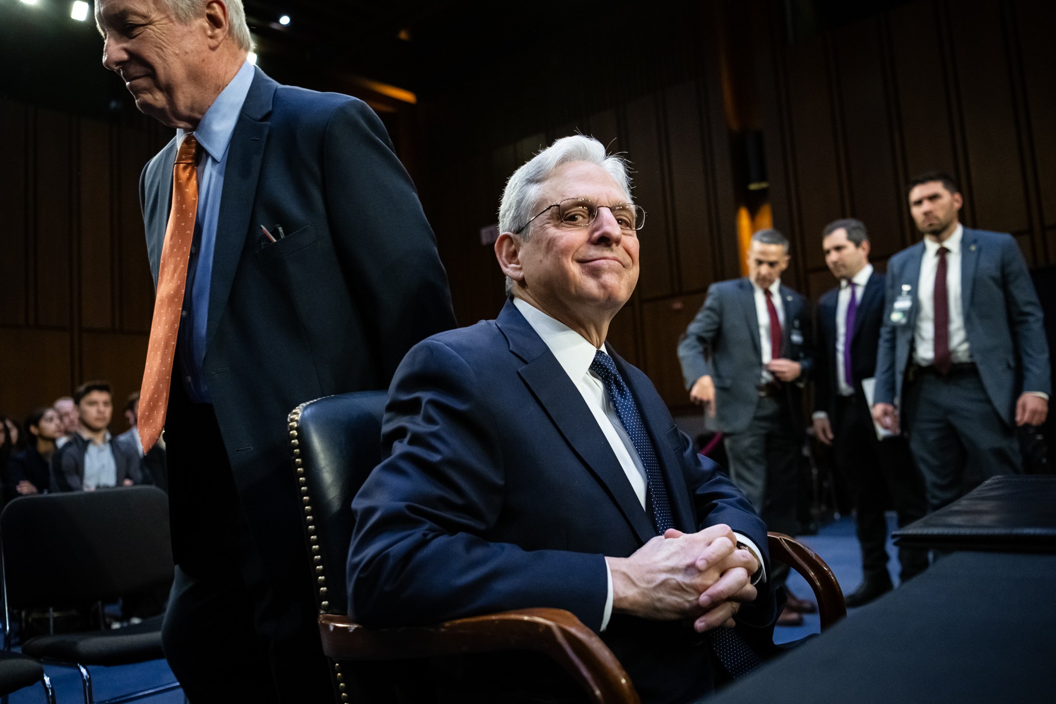  Attorney General Merrick Garland looks at photographers after being greeted by Senator Dick Durbin (D-IL), Committee Chair, before a Senate Judiciary Committee hearing, at the U.S. Capitol, in Washington, D.C., on March 1, 2023. (Graeme Sloan for Si