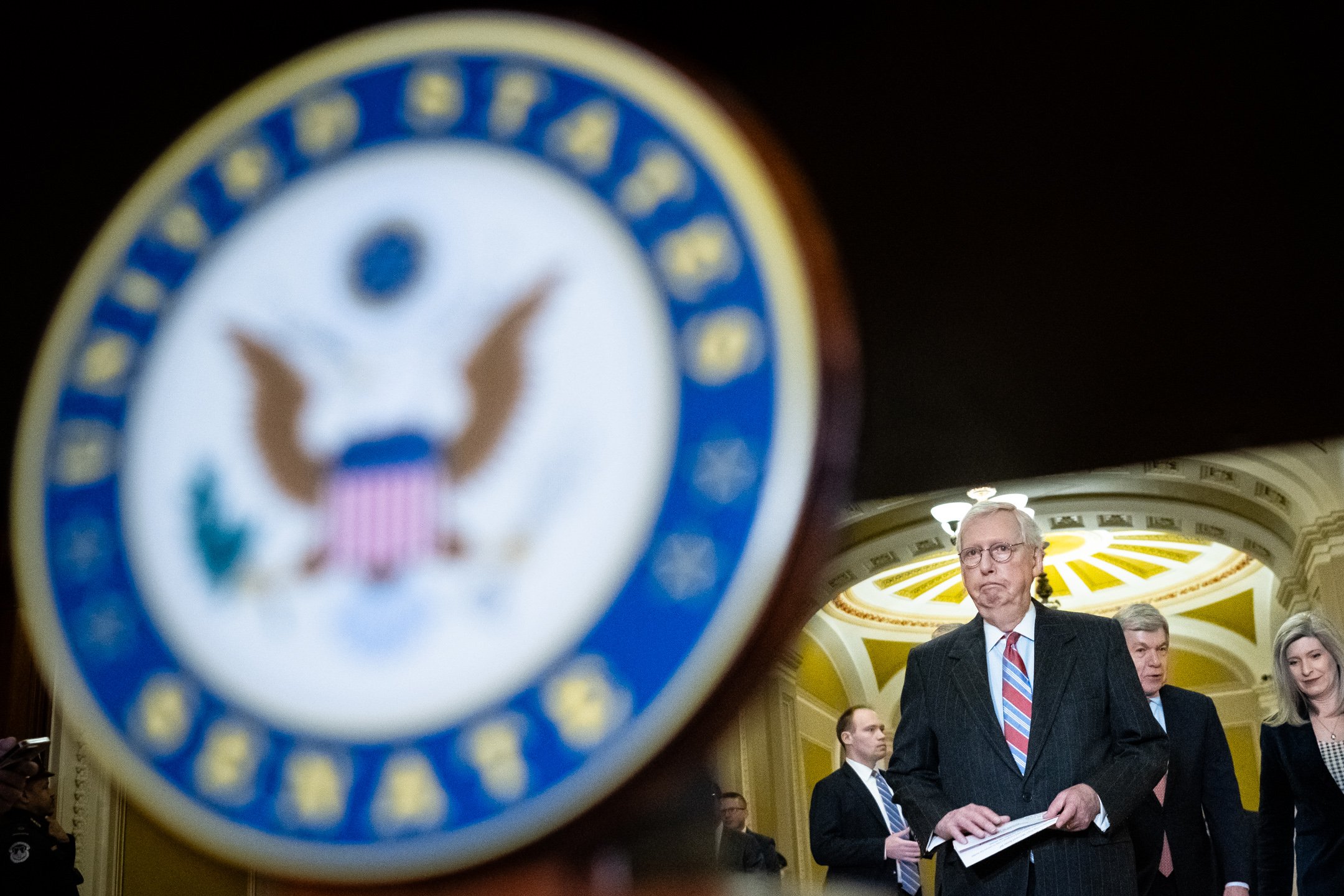  Senator Mitch McConnell (R-KY), the Senate Minority Leader, approaches the microphone to speak during the weekly Senate Leadership press conferences, at the U.S. Capitol, on December 20, 2022. (Graeme Sloan for Sipa USA) 