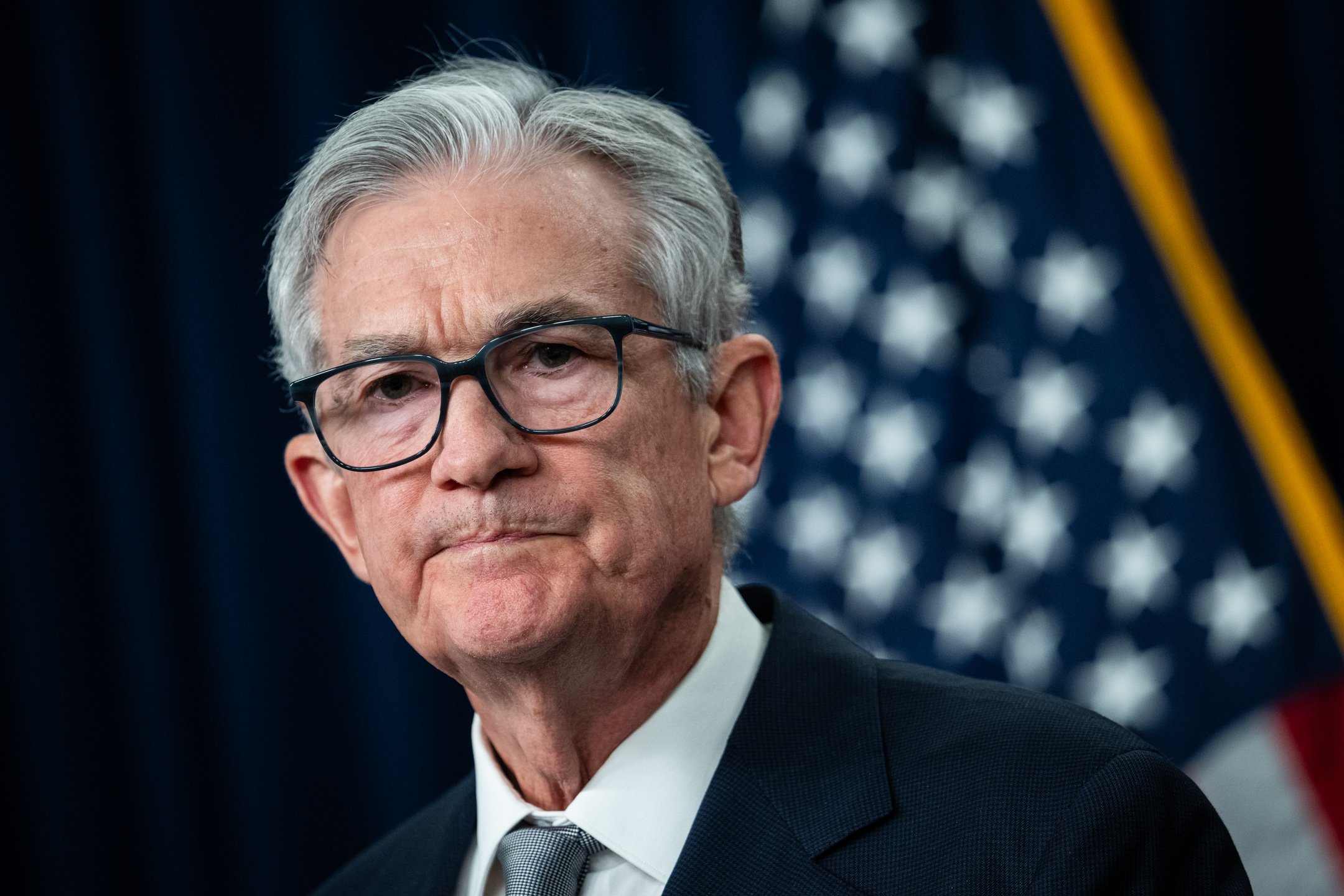  Federal Reserve Chair Jerome Powell speaks to media during a press conference after a Federal Open Market Committee meeting, in Washington, D.C., on  November 1, 2023. (Graeme Sloan for Sipa USA) 