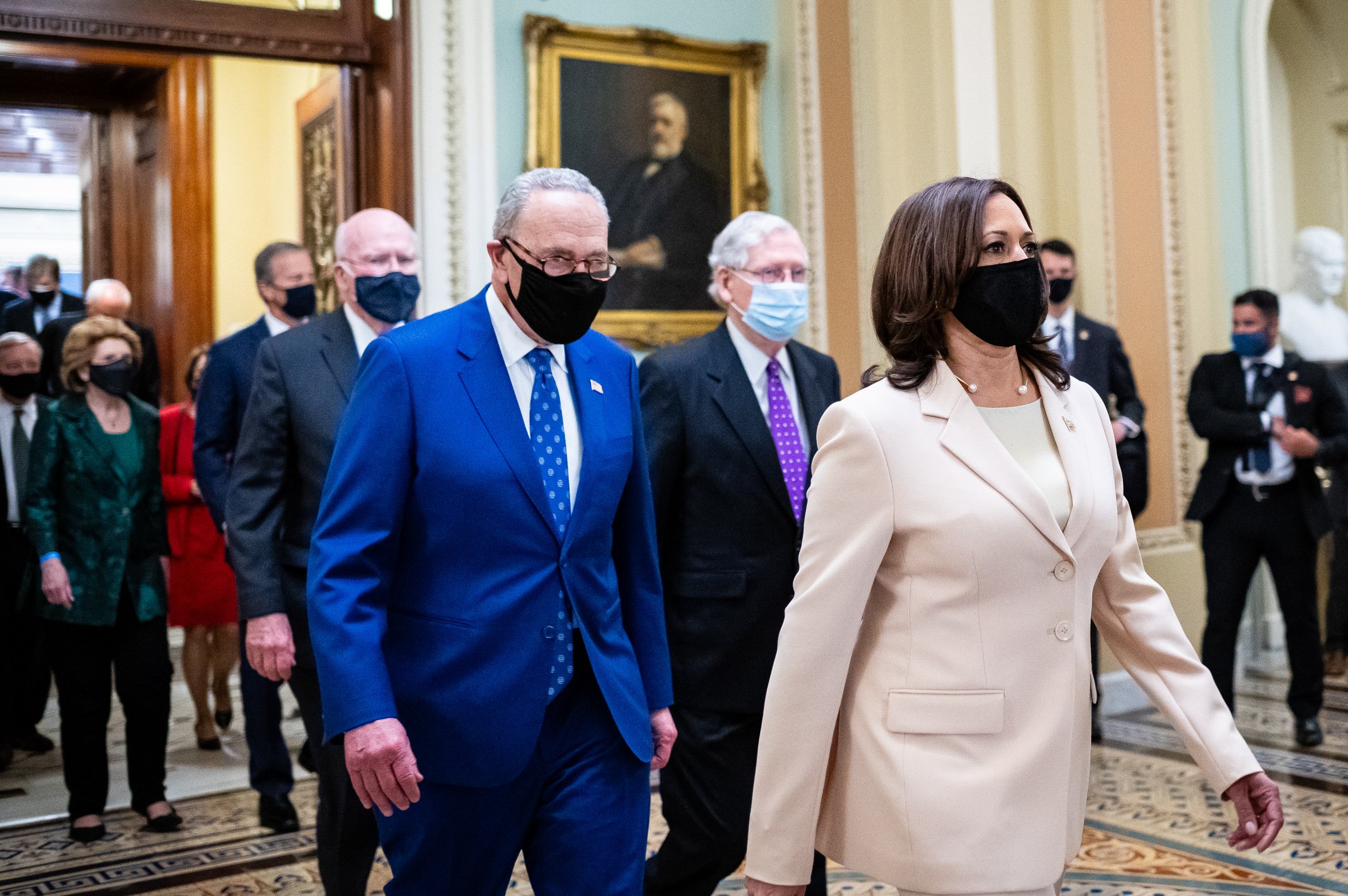  Vice President Kamala Harris leads Senators out of the Senate Chamber and across the U.S. Capitol to attend President Biden’s first Joint Address to Congress in the House Chamber as the first female Vice President to do so, in Washington, D.C., on A